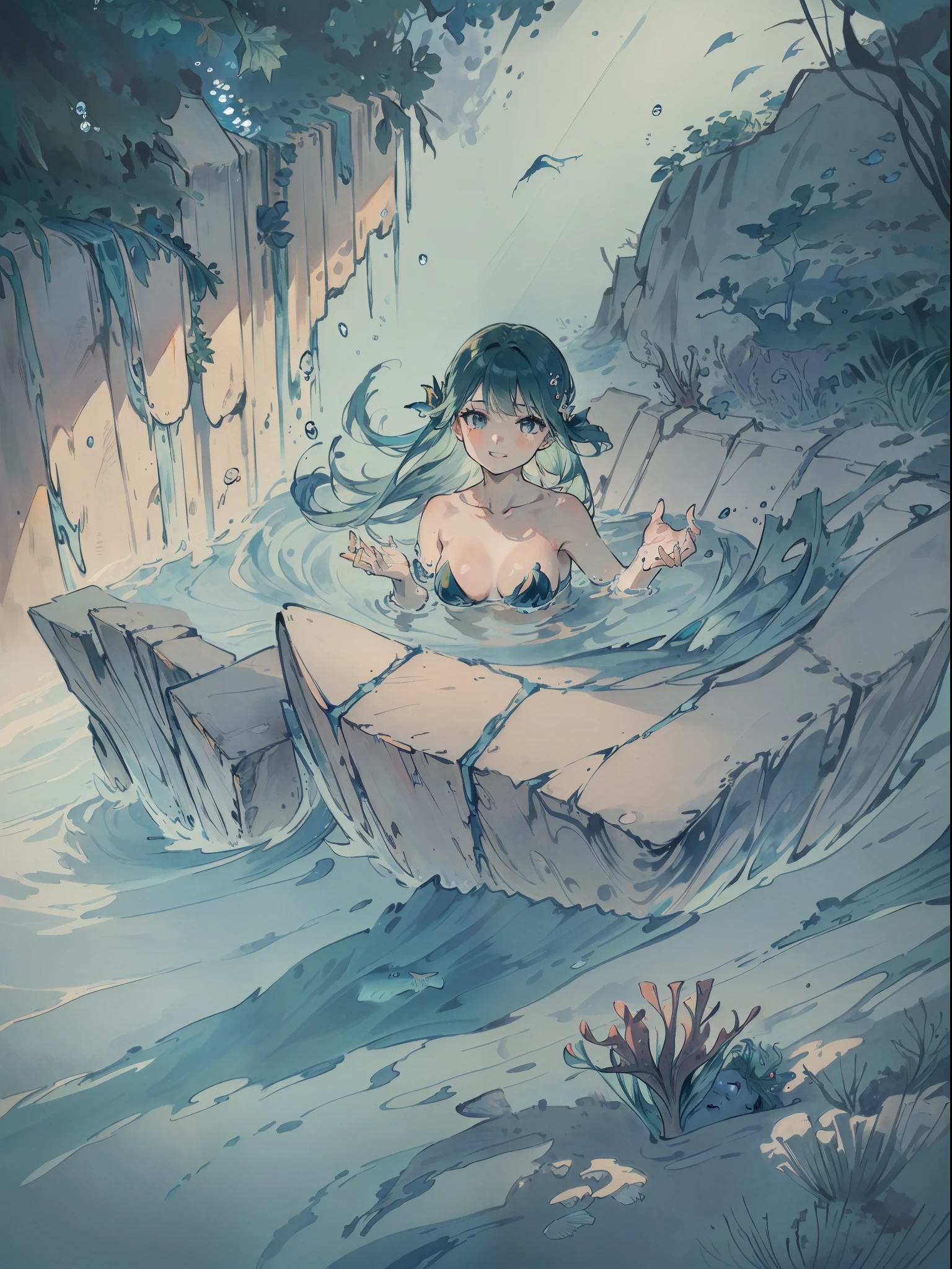 Water floating, Stream of water, Spiral water, Water balls in her hands, Water behind, controlling the water, whirlwind of water, ((ocean, underwater, lots of fish, dawn)) (1girl, submerged in water, green mermaid tail, flying deep green hair, hair gradient, starfish in hair, blue swimming bra, smiling, looking at camera, posed arms, closes eyes))
