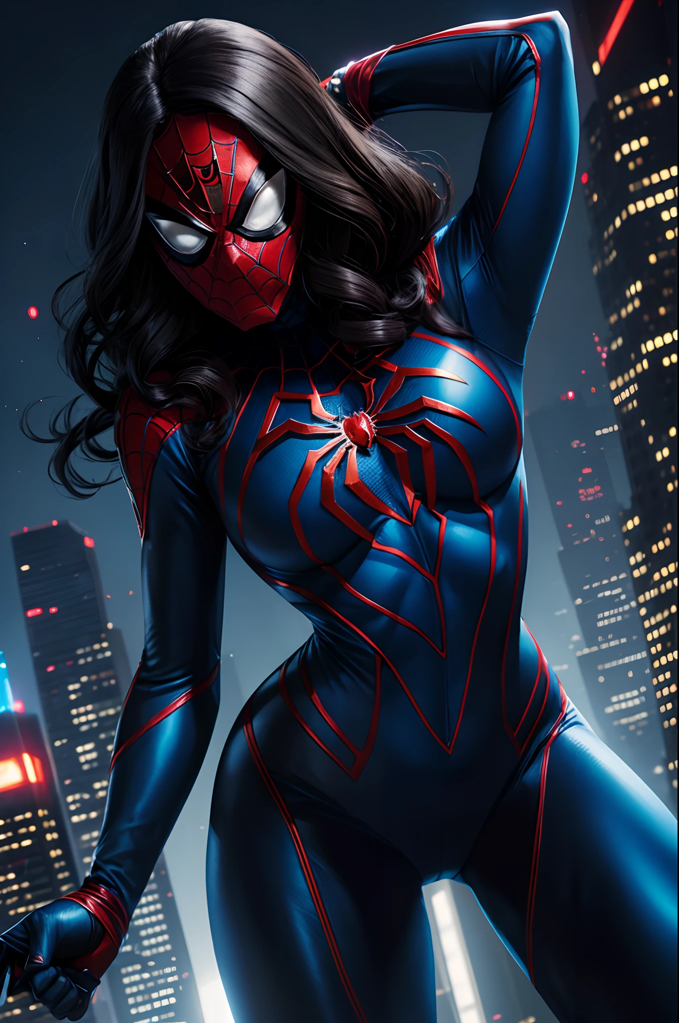 Supervillain Spider-Woman, Mask on the whole face, tight blue suit, on roof, night city, higly detailed, Realistic full-length photo