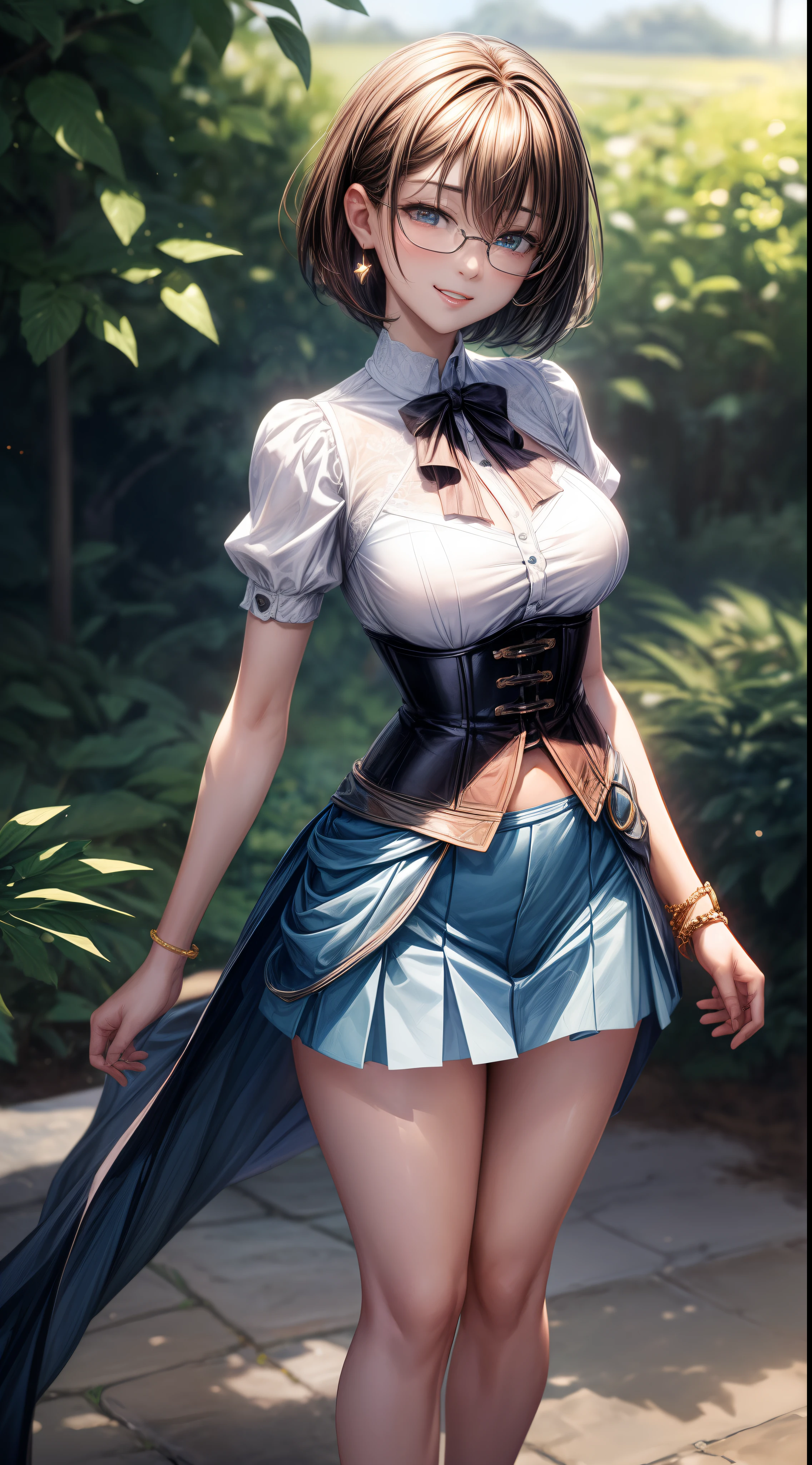 8K, masutepiece, Raw photo, Best Quality, Photorealistic, Highly detailed CG Unity 8k wallpaper, depth of fields, Cinematic Light, Lens Flare, Ray tracing, (Extremely beautiful face, Beautiful lips, Beautiful eyes), intricate detail face, ((Ultra detailed skin)) 1girl in, In the Dark, deepshadow, Pretty Korean girl, Kpop Idol, 1 girl, (Very slim and slender fit muscular body:1.3), ((Looking at Viewer)),(Big smile:1.3), (Blurred background),(No people in the background:1.3), Beautiful earrings, Bracelets, Clear eyes, Walking, (pale skin), (Big eyes), Face forward, (Brown hairs), (Full body shot), , ((blue high waist skirt)), , (Looking at Viewer:1.3) opened breast, Very slim, medium breasts, ass forcus, Before the eyebrows, thick thighs((whiteshirt:1.3)), (double-breasted,Underbust:1.2), Short sleeves, buttonGap,Frameless glasses,Corset Belt,Beautiful short hair,Brown hair,Black Bolero,