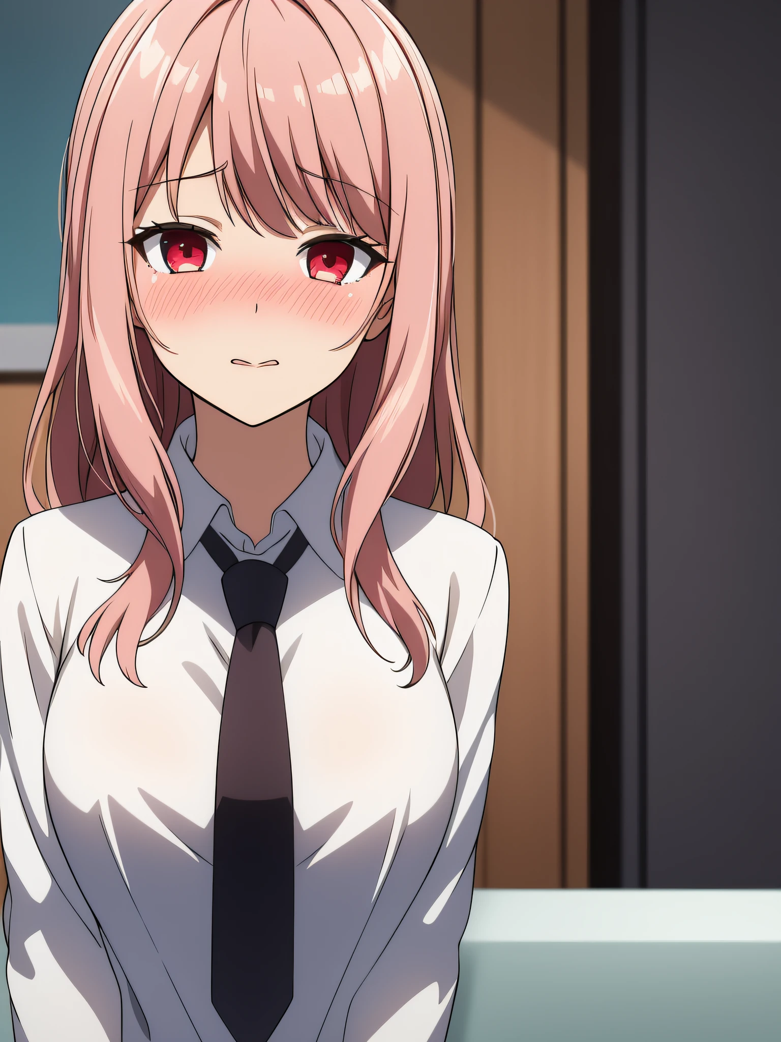 top-quality,masterpiece,A detailed face,1girl in, Blushing, harsh eyes, Collared_The shirt, hetero, kiss, neck tie, The shirt, Surprise_kiss, upper body