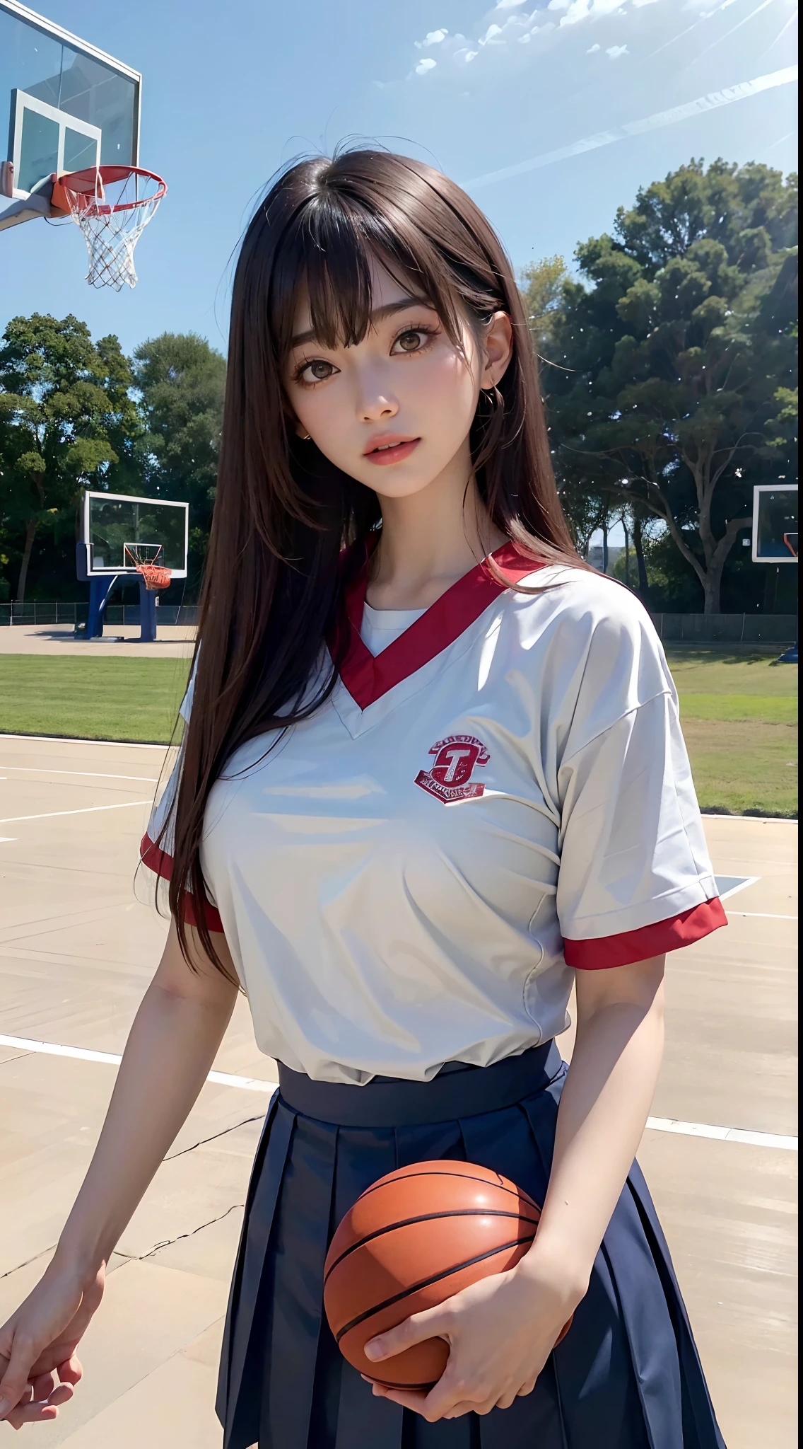 (RAW photo, 4k, masterpiece, high resolution, extremely complex) (realistic: 1.4), cinematic lighting
1 Girl,Slam Dunk's haruko akagi,anime character,blushing,((shy)),((innocent)),smile,Solo Focus, bright eyes,round eyes,blunt bangs,((straight hair:1.3)),black hair,slim waist,wide hips,Summer Noon, sunlight,Hot, (Best Quality), (Highres), (an Extremely Delicate and Beautiful),(Beautiful 8k face),(Brown eyes),(ulzzang-6500:1.0),(solo),( spectators),(gigantic breasts),(Slam Dunk),(Japanese high school uniform:1.3),blue skirt,((Play basketball)),((gymnasium)),((speed)),(reality),outdoor basketball court,bright lighting
