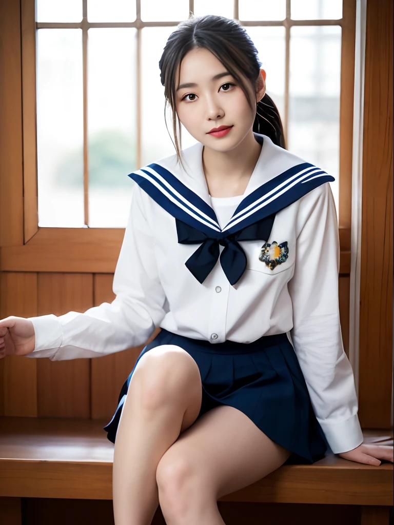 realistic, top quality, high resolution, Nikon Z 85mm, RAW photo, natural soft light, profetional lighting, front-facing view, Super live-action, japanese high school girl, tight School Uniforms tight Skirt, Cute tight sailor suit, tight sailor suit skirt, tight dark blue skirt, lift up skirt, White panties visible from uniform skirt, unrivaled cuteness and peerless beauty japanese idol girl face, Perfect raw legs, delicate legs, perfectly proportions, Chest visible, on the benches, Show me your pants, perfectly proportions, High ponytail hair, 20yo.