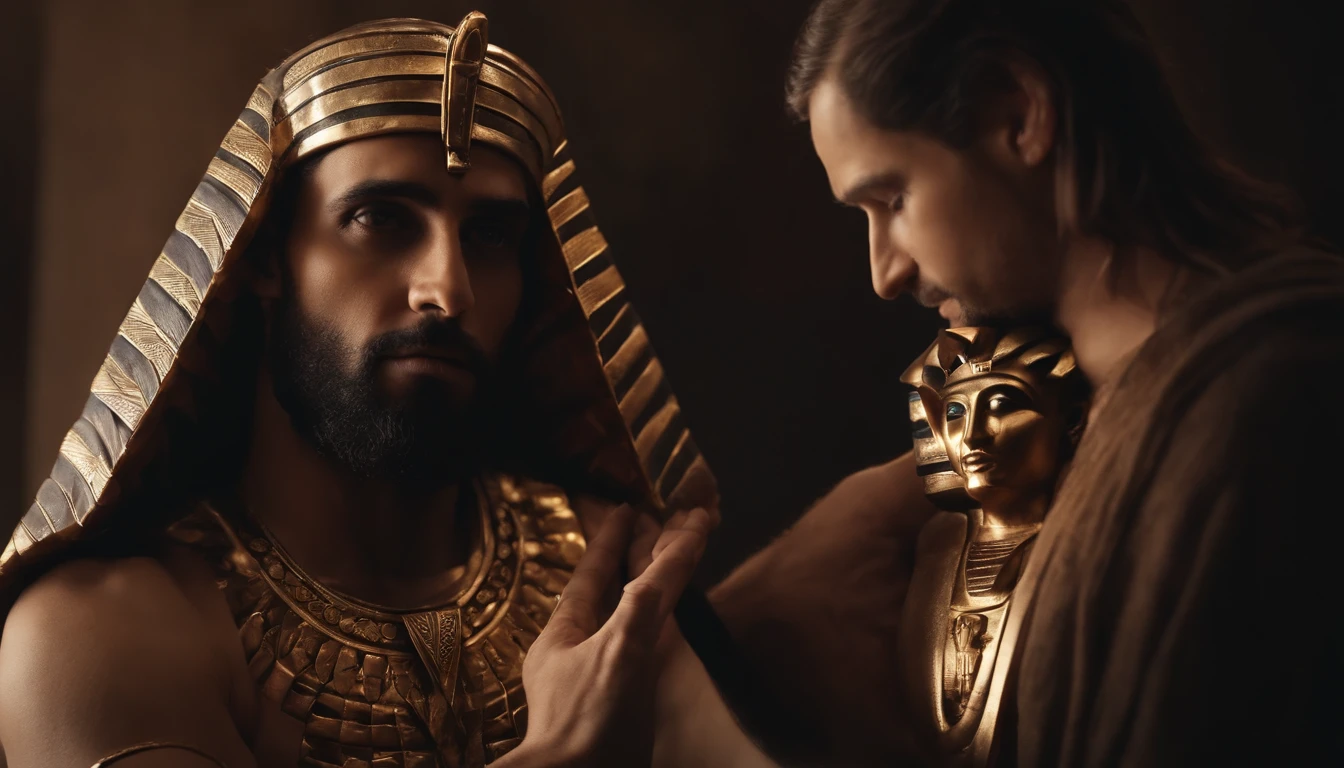 Pharaoh with a human heart in his hand borrowed side by side with a representation of God the almighty with frightening look, Jesus Christ biblical character, Imagem realista 8k