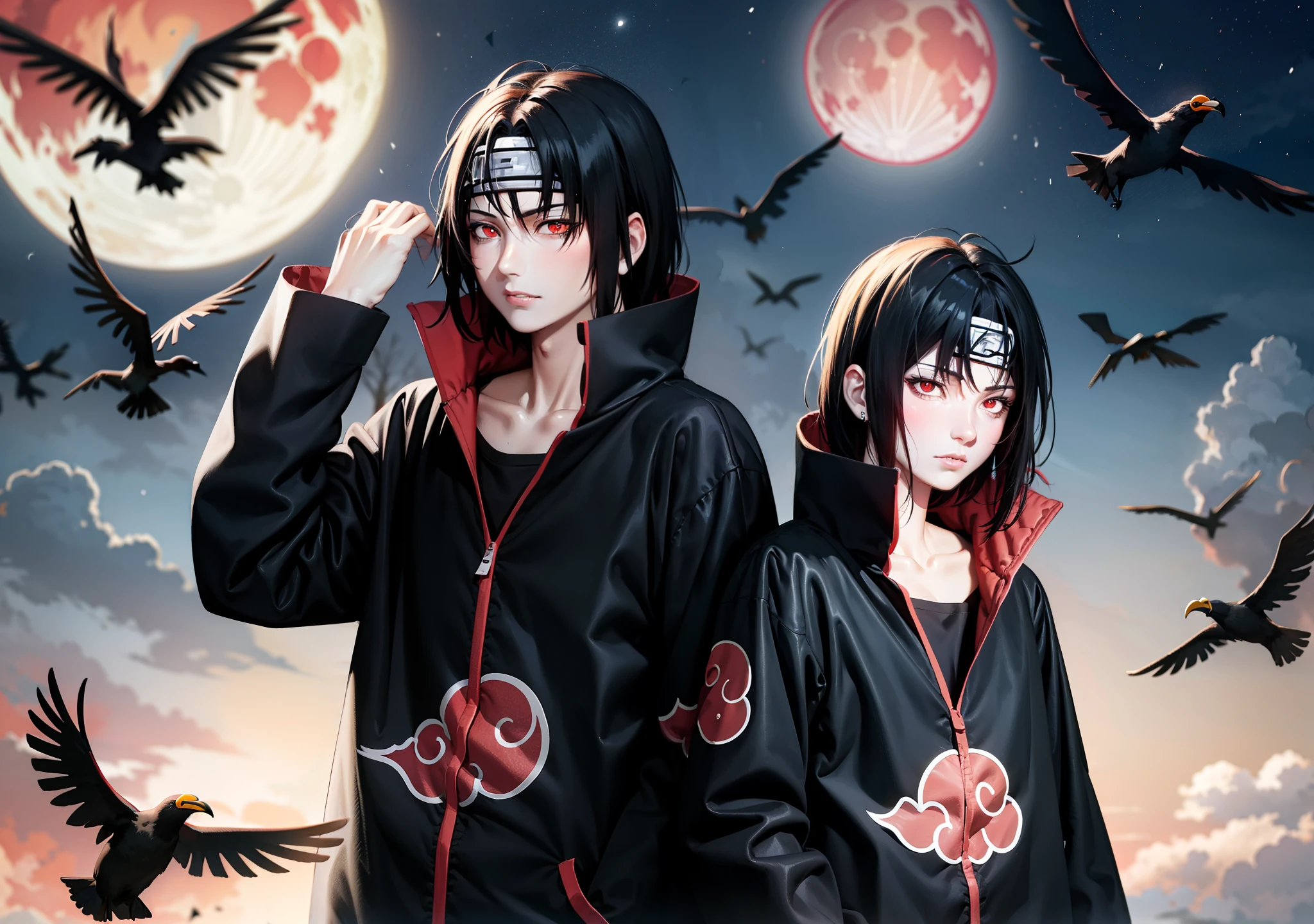 (masterpiece), (best quality), ultra high res, professional artwork, ultra detailed, intricate, detailed face, perfect lighting, 1girl, black hair, (red eyes, glowing eyes), AKATSUKI OUTFIT, ninja, black cloak, black coat, forehead protector, (collarbone), sidelocks , head, night, night sky, crescent moon, (red moon, crow), angry face, hand on own head , outdoors, (cowboy shot, far shot)