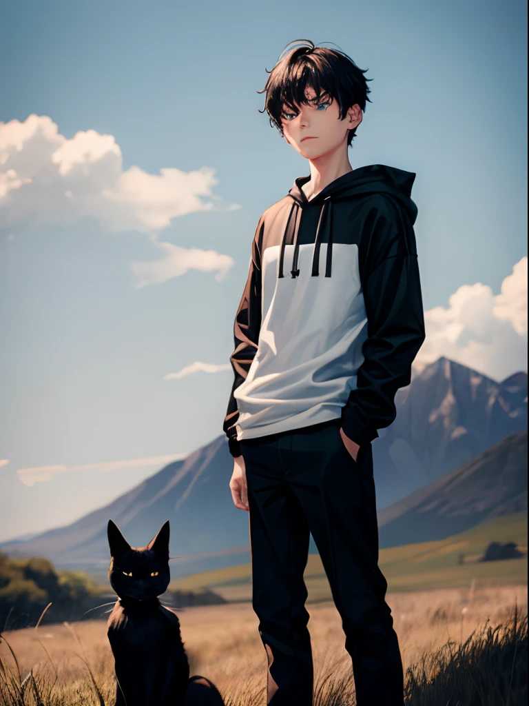 18 years old, boy, black hair, blue eyes, white tshirt and black hoodie, indifferent, standing on a battlefield, a black cat with green eyes sitting on his shoulder.