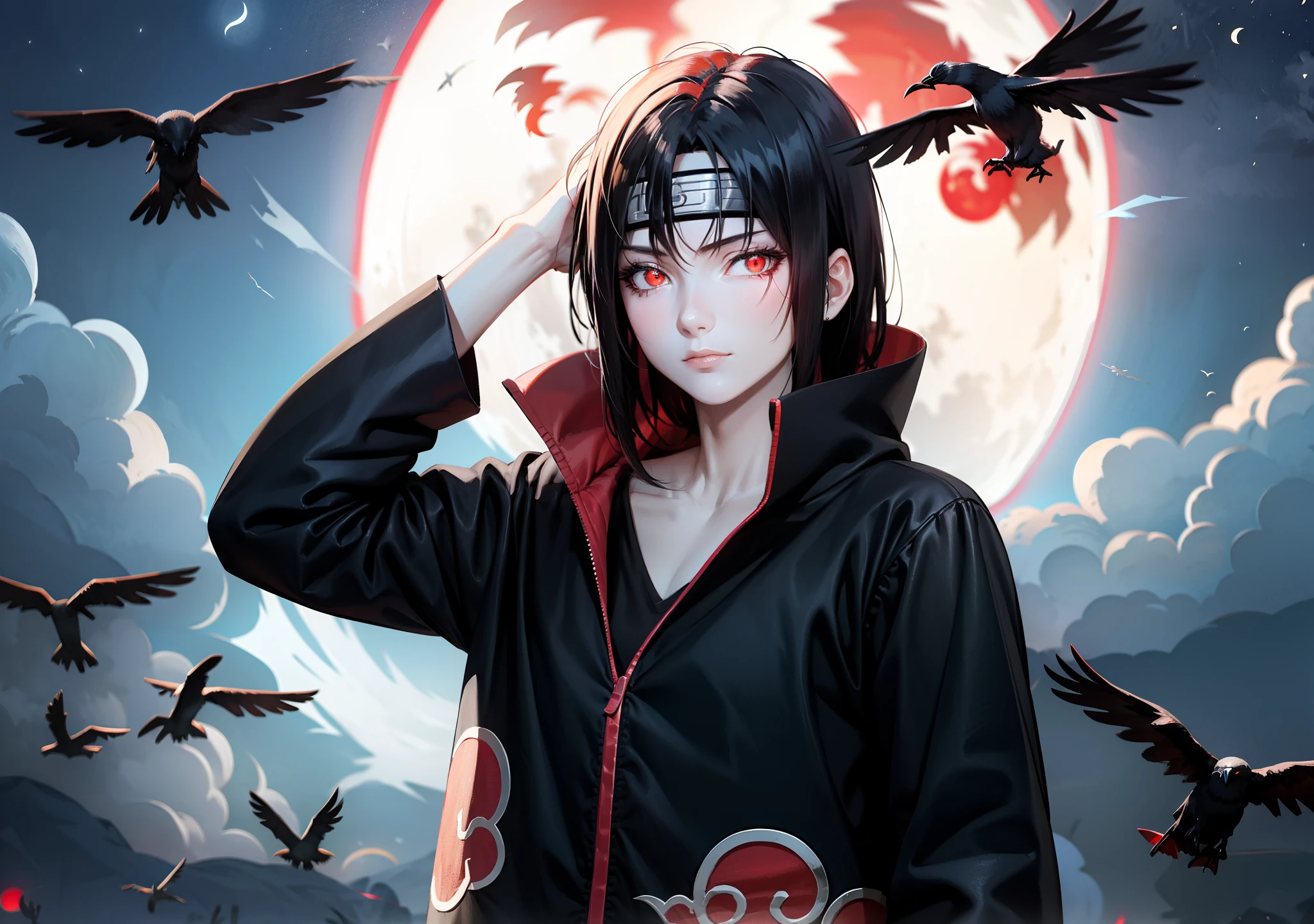 (masterpiece), (best quality), ultra high res, professional artwork, ultra detailed, intricate, detailed face, perfect lighting, 1girl, black hair, (red eyes, glowing eyes), AKATSUKI OUTFIT, ninja, black cloak, black coat, forehead protector, (collarbone), sidelocks , head, night, night sky, crescent moon, (red moon, crow), angry face, hand on own head , outdoors, (cowboy shot, far shot)