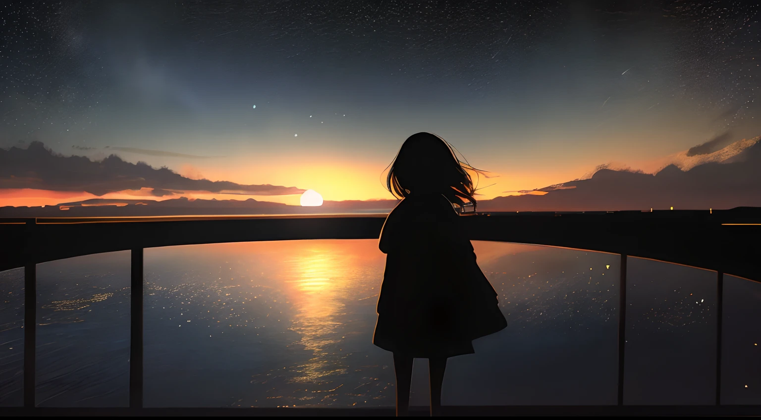 silhueta,1girl, ao ar livre, Noite, night sky, sun sunset, Message of overcoming and motivation