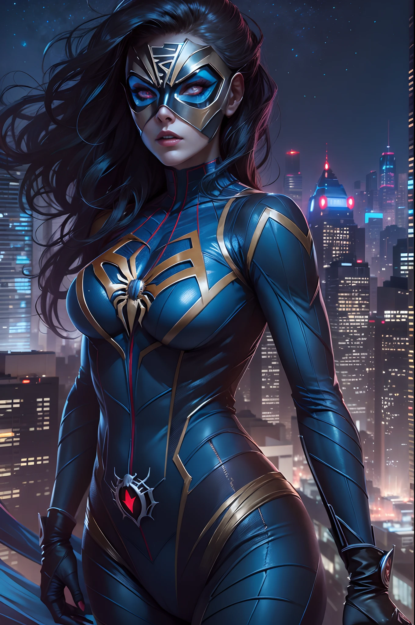 Supervillain Spider-Woman, Mask on the whole face, tight blue and black suit, on roof, night city, luna, higly detailed, Realistic full-length photo