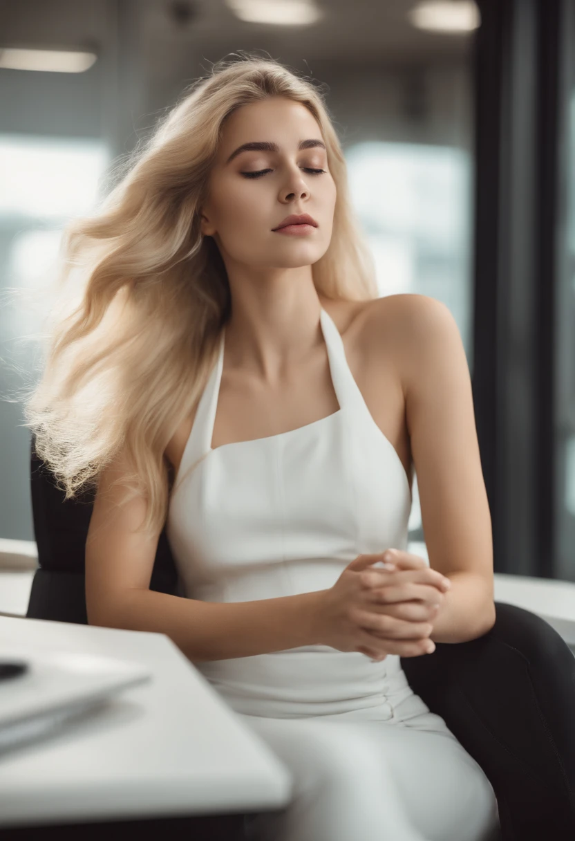blonde girl、holding her head in pain , medium chest, big chest, blonde, 18 years old blonde girl in a office sitting in a chair, model body, influencer, hostess dress, clean body, , face, girl