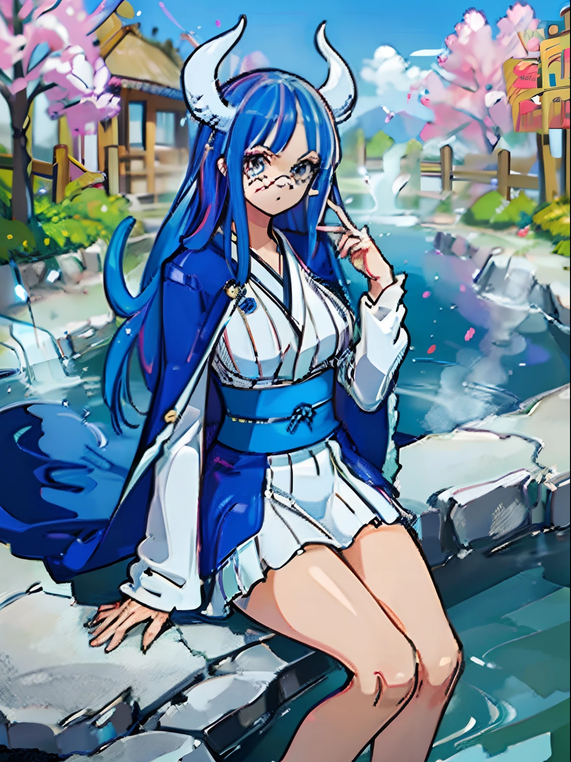 Masterpiece, fine detail, 4k, 8k, 12k, solo, one person, beautiful girl, white woman, Ulti from ONE PIECE, blue hair, long hair, kimono, hot spring clothes, long sleeves, detailed background, hot spring town
