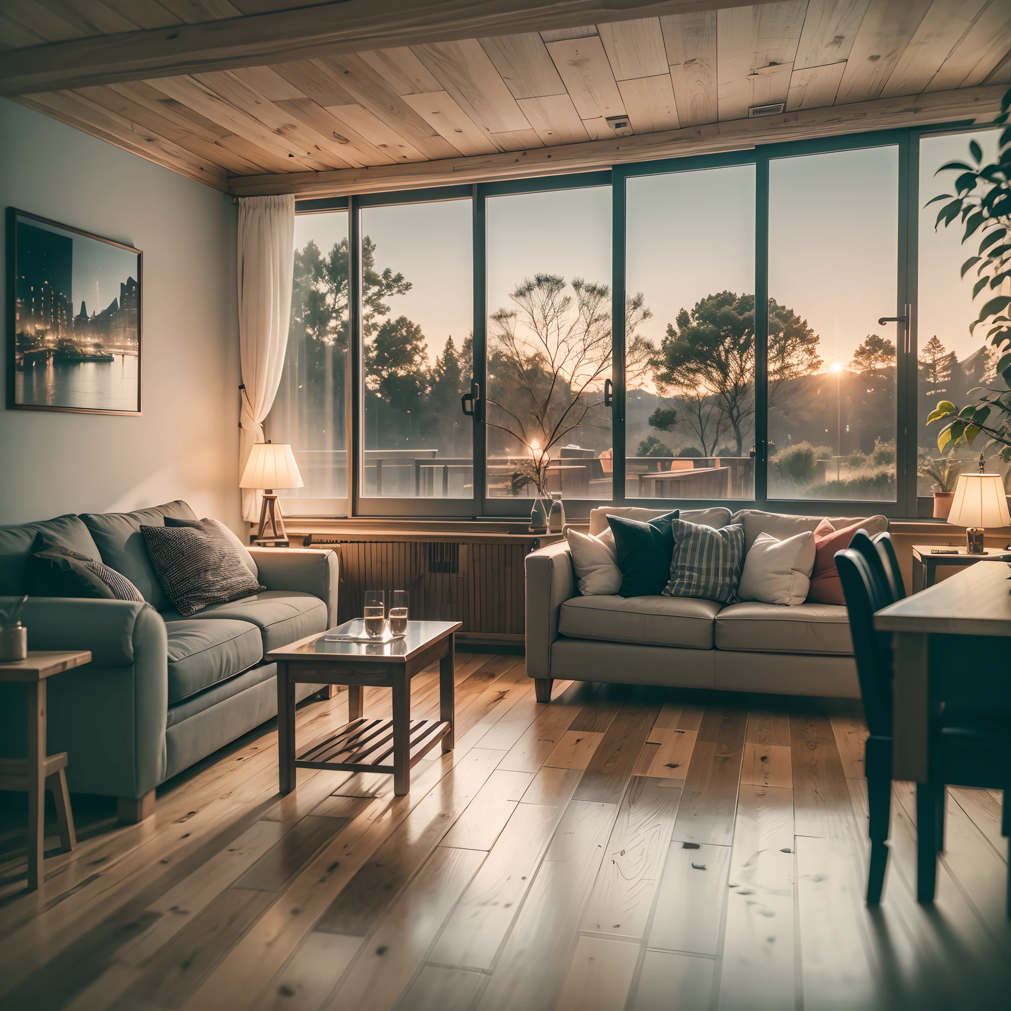 indoors livingroom, scandinavy color scheme, cozy,
glass door, wooden door frame, piano, sofa, armchair, table, bar under stair, wine rack,
polished concrete floor, ceiling fan, picture frame,
twilight,cinematic, twilight sky,
raw photo, high quality, (masterpiece), realistic ,Leica --auto --s2