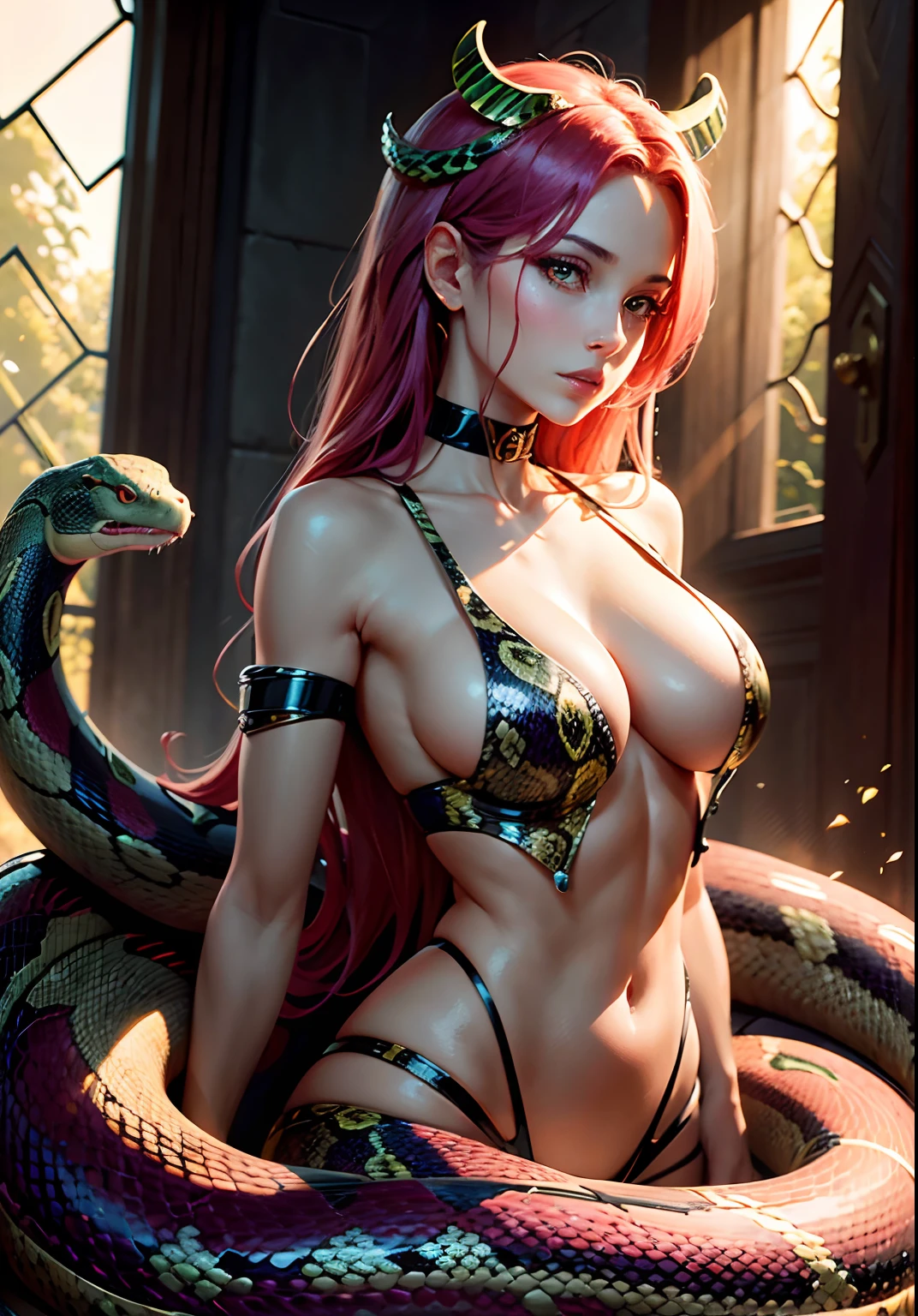 forbidden fruit,Snakes are involved,Beautiful front photo,Photo grade,Dynamic surrealism, high detailing, cubism, god rays, vignetted, Glowing light, nffsw, masutepiece, ccurate, Super Detail, high details, High quality, Best Quality, hight resolution, 8K