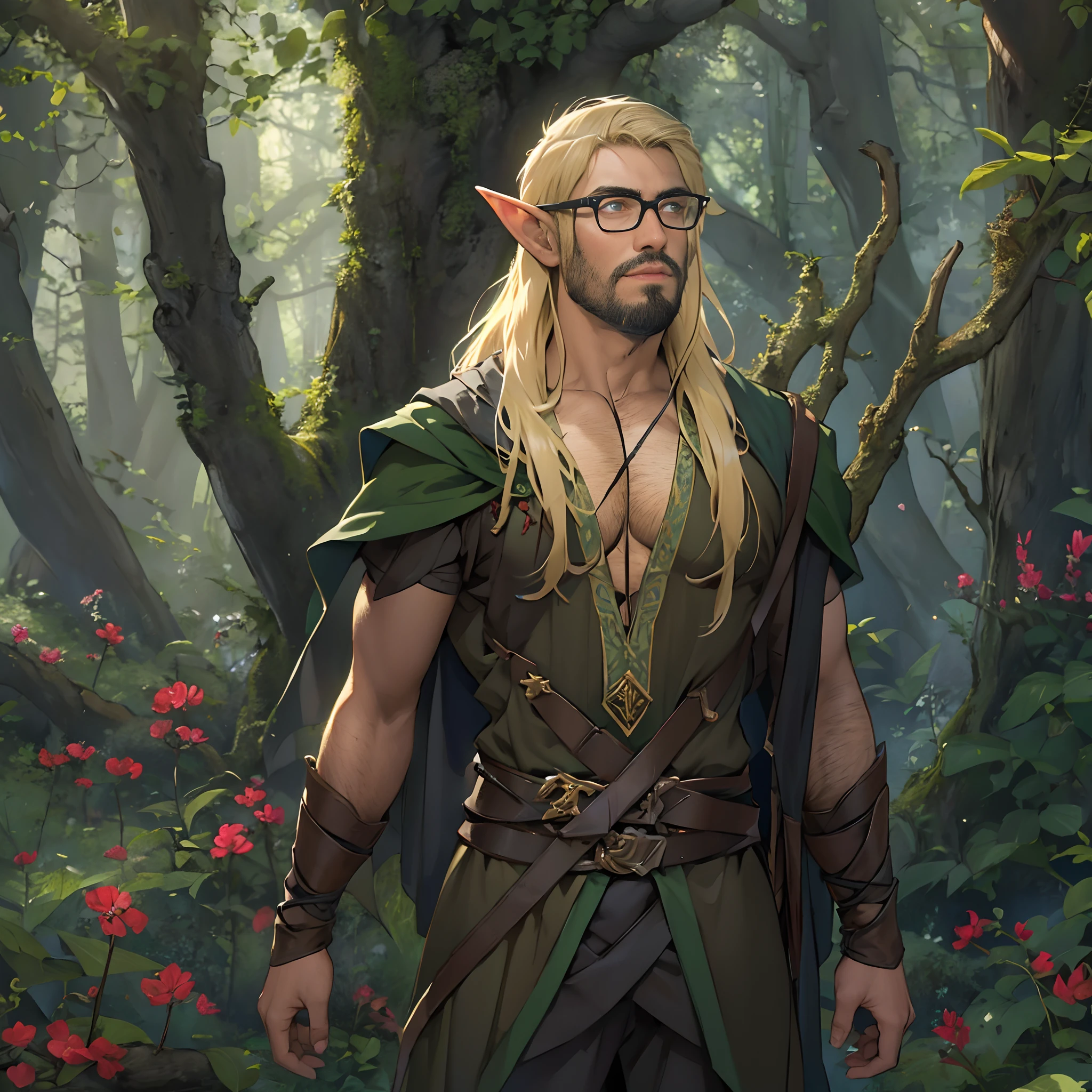 David, male elf, elven glasses, elf archer clothes, long blonde hair, black beard, elf ears, elven physique, in a forrest, good anatomy, masterpiece