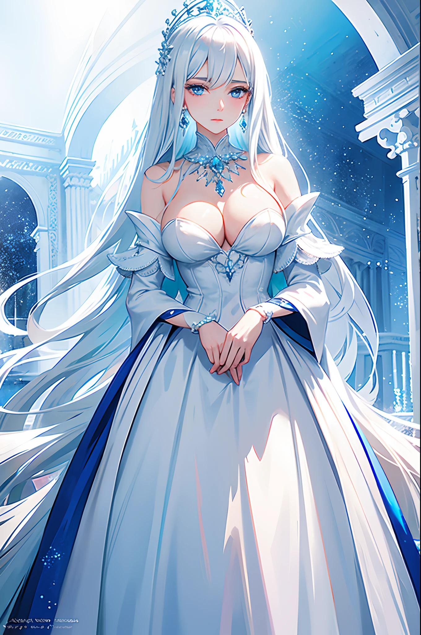 A tall young woman with long white hair and icy blue eyes. Her face looks cold, calm and domineering. The aura she exuded was luxurious and elegant. She was the most beautiful woman in the world, a beauty that no one had ever seen. She had no expression whatsoever. She is the ice princess with an exquisite ice dress. There were several accessories on her body, such as earrings, a crown and a necklace that seemed to be made of beautiful, glittering ice crystals. Her figure was very white, with only blue and a few other additional colors visible on her.
