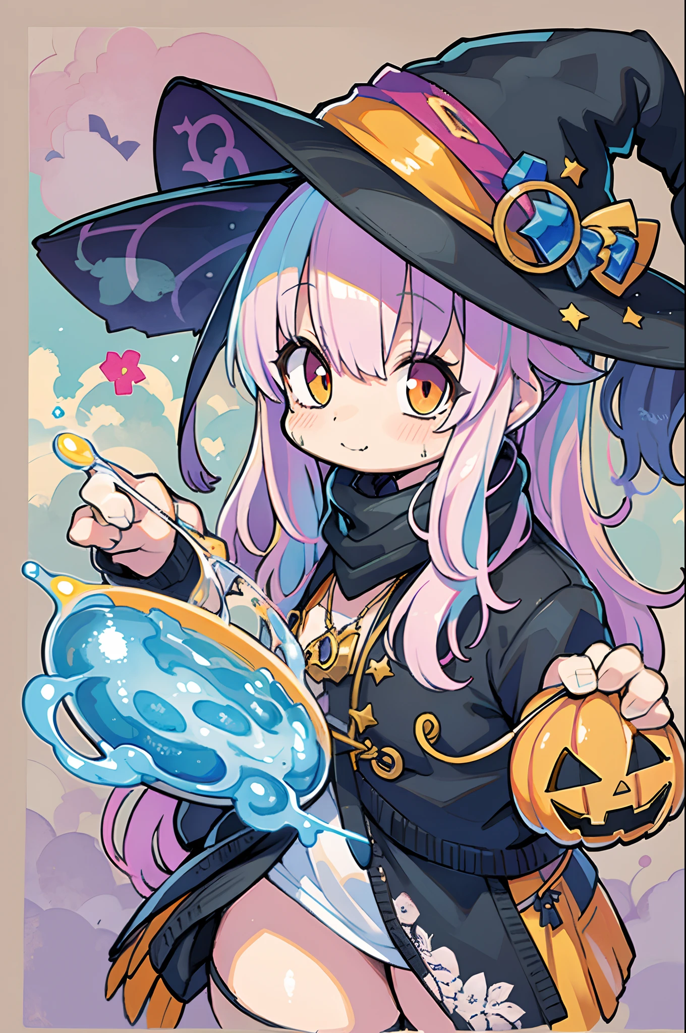 Charming Halloween 8 witch, Random coloring, Cartoon style, 2D, planar vector, T-shirt design, Colorful splashes, Fantasy Art, Watercolor effect,Digital Painting, white bg, 8K
