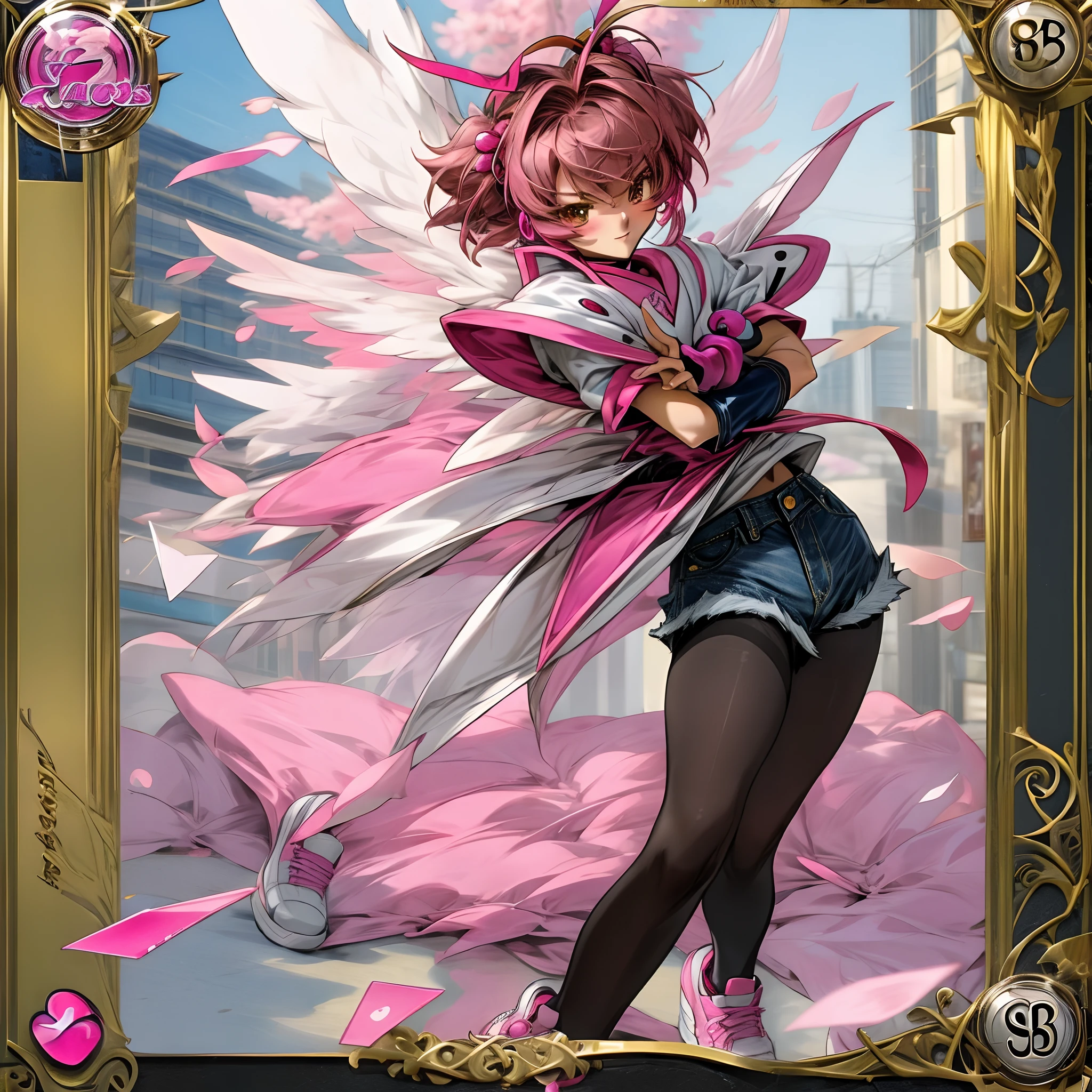Sakura Card Captors, posing, Denim shorts, black pantyhose, Pink sneakers
