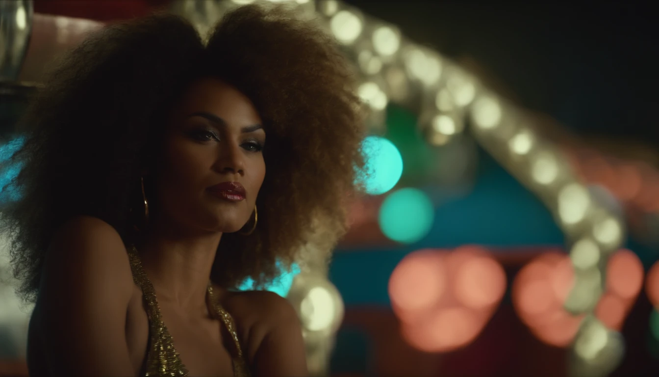 4k, High resolution, La mejor calidad, obra maestra, colores perfectos, perfectamente sombreado, Perfect lighting, mujer hermosa pelo sponch afro style of 80's bola de discoteca Estudio 54. Pelo sponch, cabello afro redondo.