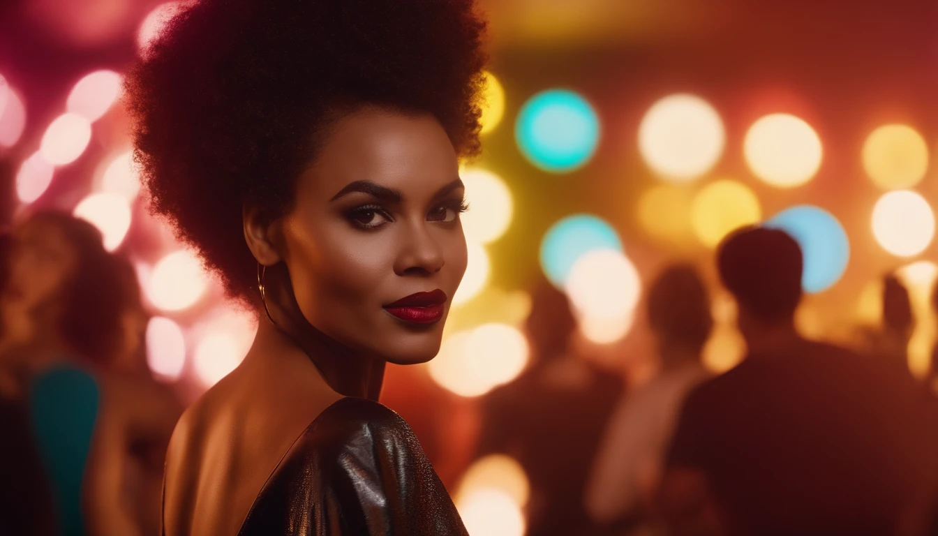 4k, High resolution, La mejor calidad, obra maestra, colores perfectos, perfectamente sombreado, Perfect lighting, mujer hermosa pelo sponch afro style of 80's bola de discoteca Estudio 54. Pelo sponch, cabello afro redondo.