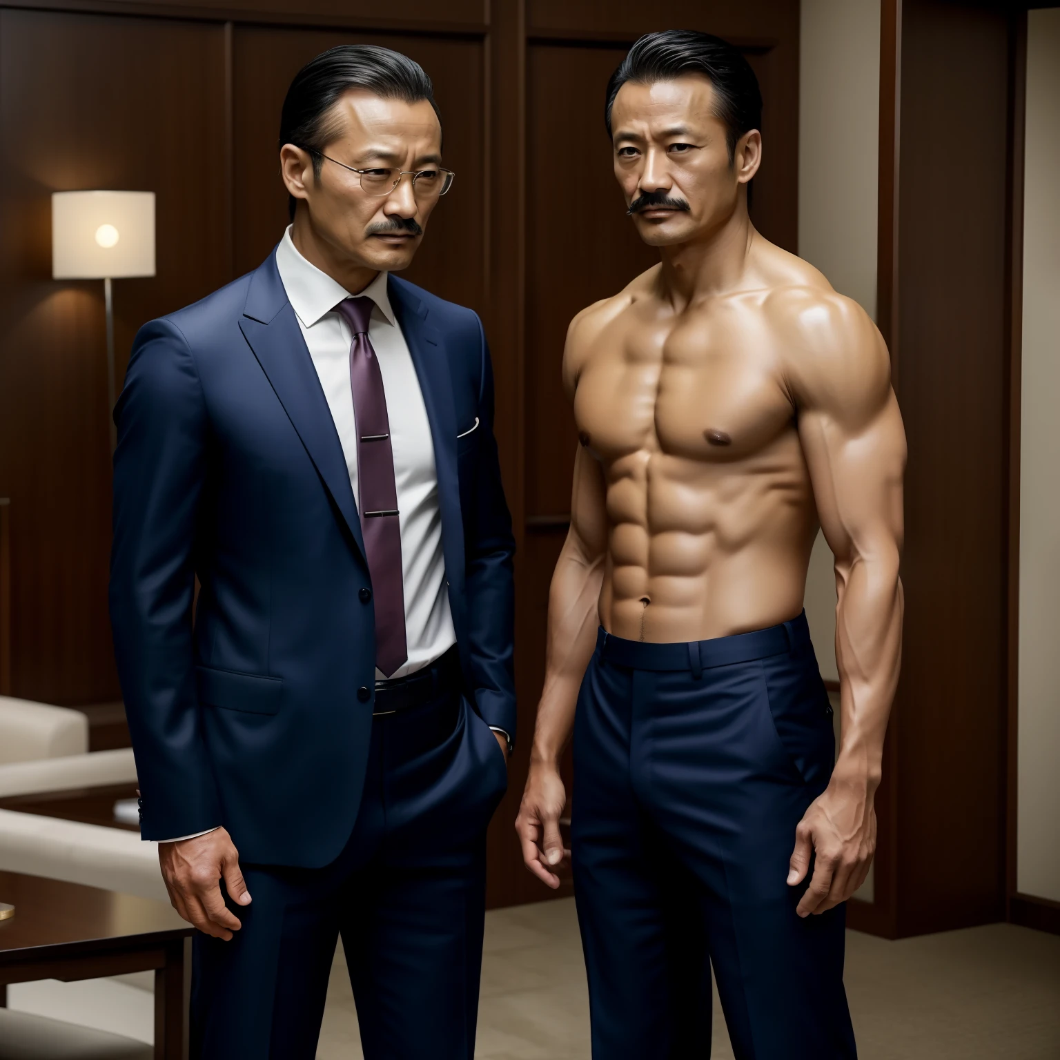 45 yers old,Hidetoshi Nakata ,(Kogoro Mouri 1.3),Two muscular men standing,Naked upper body,Crotch contour,with mustache,tmasterpiece,k hd,Business suit,skinny pants