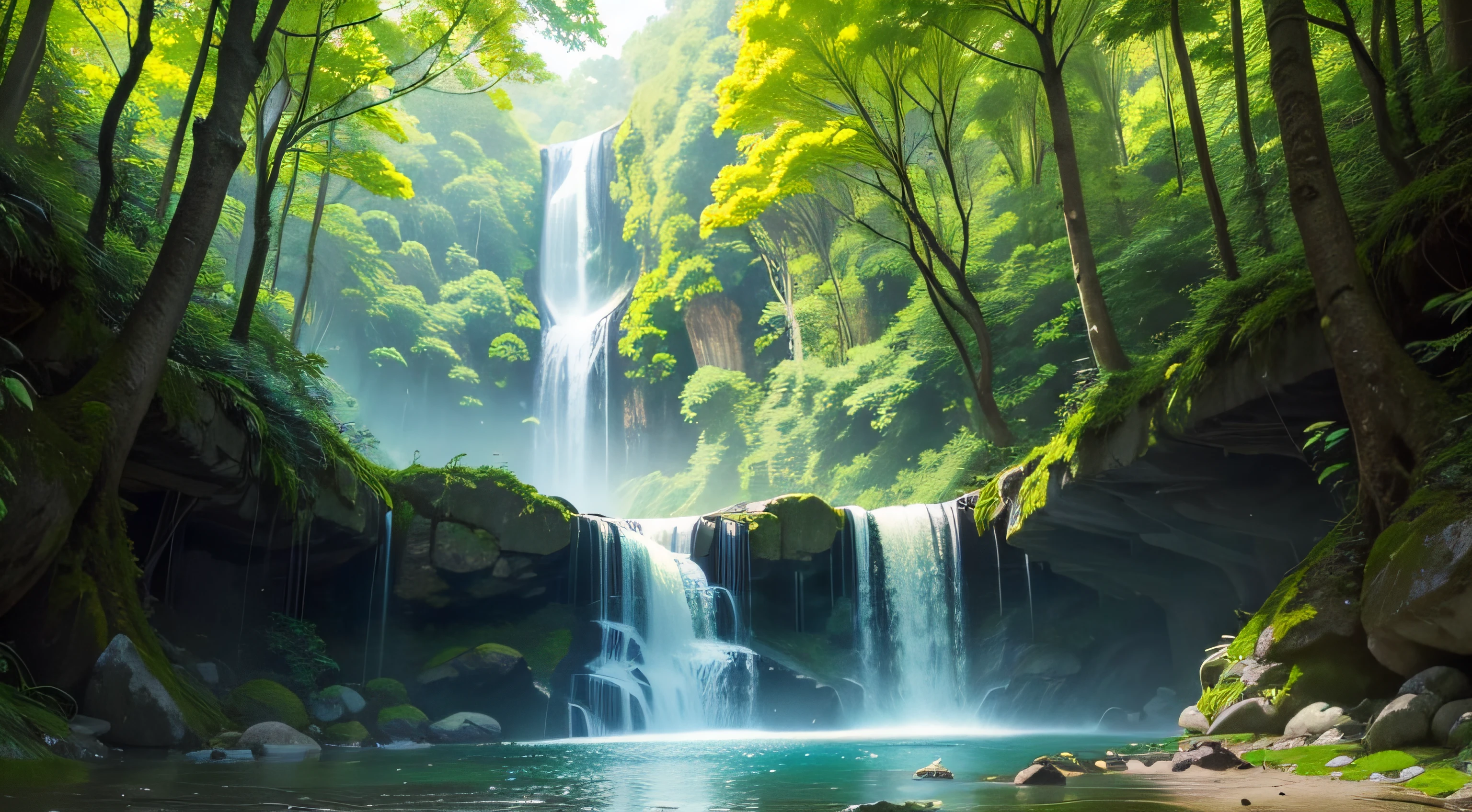 girl standing in a vibrant forest, lush green trees, sunlight filtering through the leaves, gentle breeze, colorful flowers strewn across the ground, serene atmosphere, tranquil ambiance, cool shades,interplay of light and shadow, soothing sounds of leaves rustling, lively natural surroundings, crystal-clear waterfall, clear blue sky, vibrant and lively scene, a sense of peace and harmony, rich and diverse flora, sounds of water flowing, birds chirping, calm and serene environment, fresh and crisp air, feeling connected with nature, picturesque landscape, a mesmerizing view, scenic beauty, dense foliage providing shade, moss-covered rocks, enchanting surroundings, invigorating experience, a perfect escape from the hustle and bustle of the city, a feast for the senses, vibrant colors blending together, perfect harmony between the elements of nature, the beauty of nature in full display, breathtaking scenery, a paradise for nature lovers