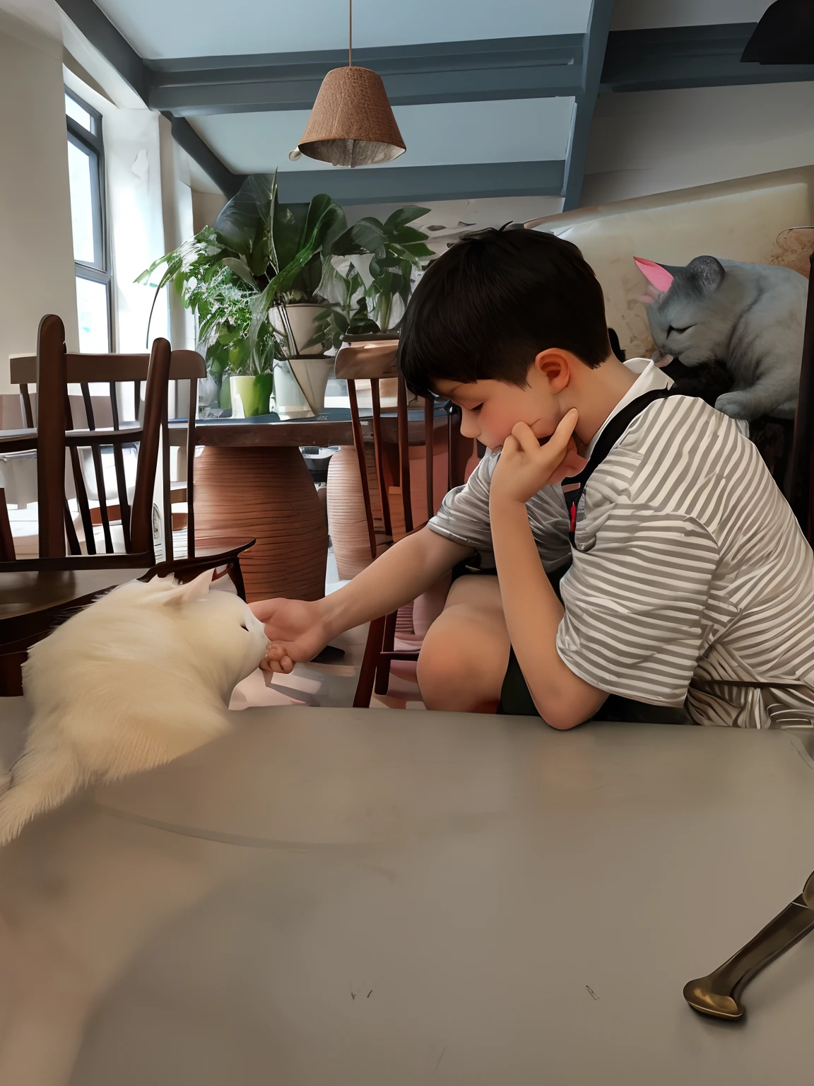 Boy petting a white cat in a café