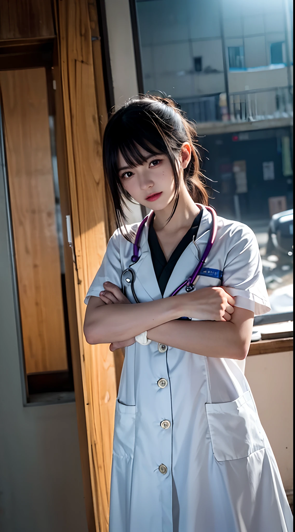 (Ultra-detailed,A high resolution,Masterpiece:1.2),Theater doctor,Blonde man and purple woman hugging,shot wounds,Blood,stethoscope,Medical Bag,Overwhelming emotions,ruined buildings,Smoke,flashing lights,dramatic scene,A hopeful expression,Empathetic eyes,Sympathy,Save lives,Love and care,Emergency rescue,Chaotic atmosphere,Torn clothing,Broken glass,Debris and dust,Heroic efforts,battleground background,Determination,Save lives,Vivid colors,Pain and hope,Surreal lighting,Critical situation,Unwavering strength,Courage and resilience,Despair and determination are intertwined,Precision movement,Healing hands,Bloodstained gloves,Medical expertise,Heroism in chaos,Deep connection,Strong bonding.