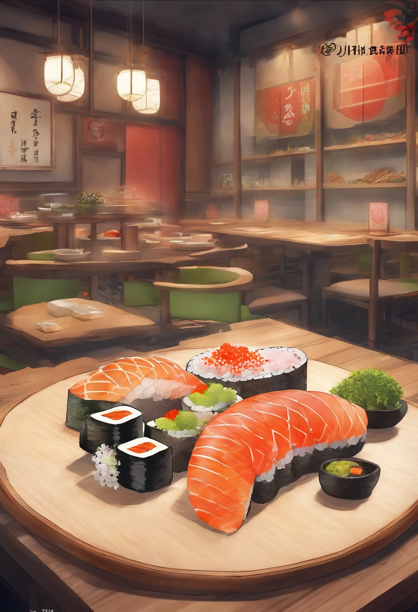 (Sushi restaurant logo),Traditional Performing Arts of Japan,watercolor paiting,Illustration,Stylish design,Traditional calligraphy,Subtle Colour,softlighting,Precise brushwork,Detailed sushi,Delicate toppings,Attractive presentation,Brilliant green,Authentic Japanese style,Hand-drawn elements,Artistic composition