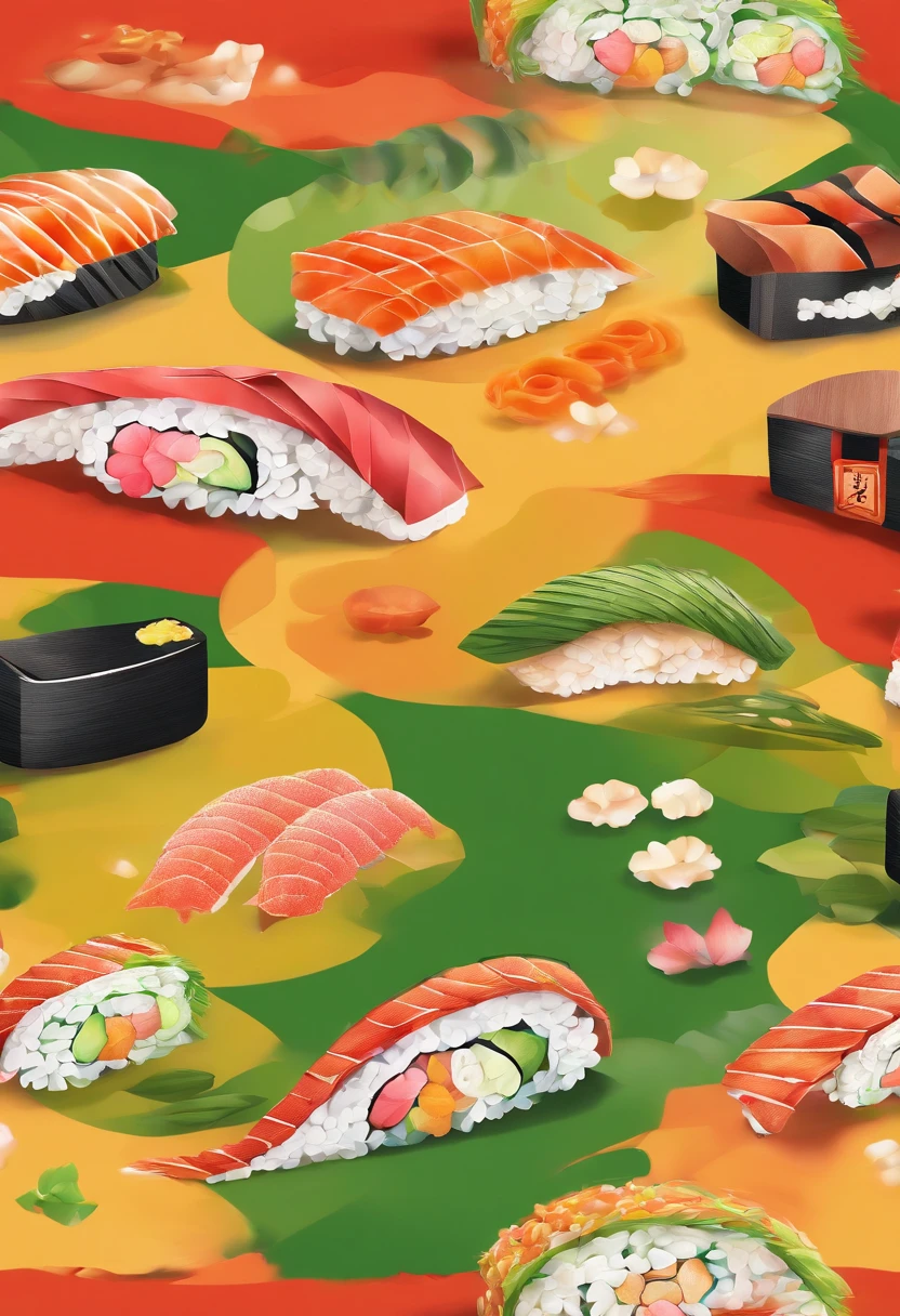 (Sushi restaurant logo),Traditional Performing Arts of Japan,watercolor paiting,Illustration,Stylish design,Traditional calligraphy,Subtle Colour,softlighting,Precise brushwork,Detailed sushi,Delicate toppings,Attractive presentation,Brilliant green,Authentic Japanese style,Hand-drawn elements,Artistic composition