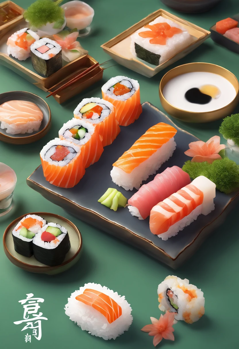 (Sushi restaurant logo),Traditional Performing Arts of Japan,watercolor paiting,Illustration,Stylish design,Traditional calligraphy,Subtle Colour,softlighting,Precise brushwork,Detailed sushi,Delicate toppings,Attractive presentation,Brilliant green,Authentic Japanese style,Hand-drawn elements,Artistic composition