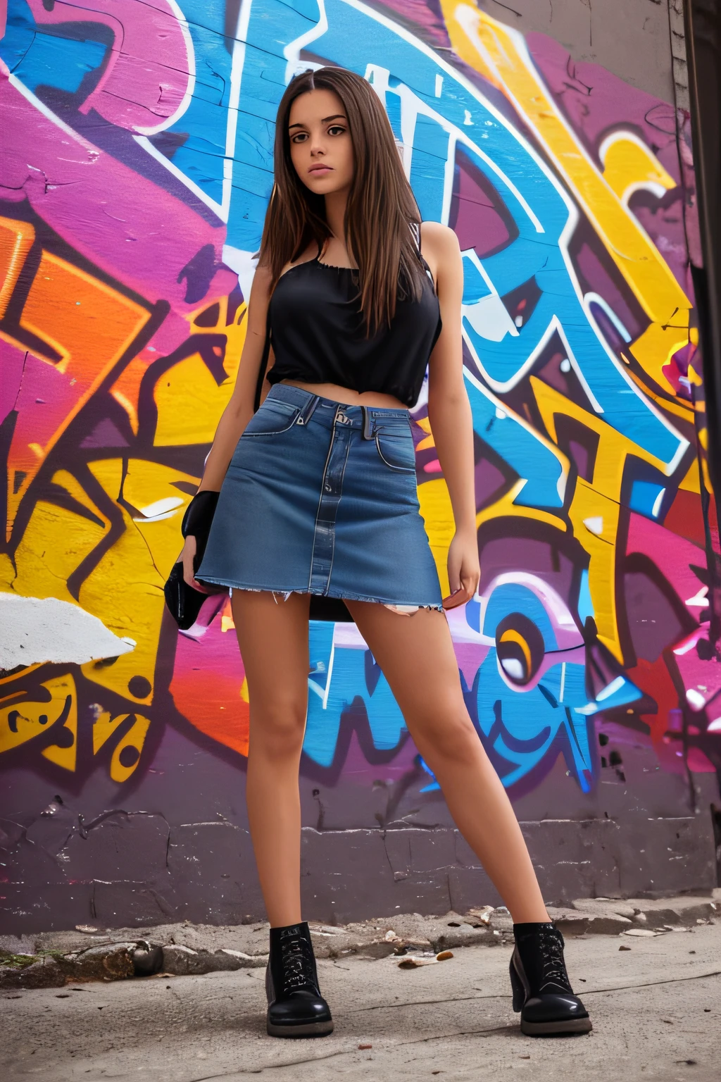 ((1 spanish girl)), (Laia Manzanares) (tween model, 19 years old, young)), cinematic photo cinematic film still sm4c3w3k, Bust medium size, full body photo of the most beautiful woman in the world wearing the sm4c3w3k, short blouse made of very thin fabric, miniskirt, black fabric, grey fabric,. shallow depth of field, vignette, highly detailed, with a battered, dirty and graffitied wall of a dangerous neighborhood street in NY city in the background, at night, high budget Hollywood movie, bokeh, cinemascope, moody, epic, gorgeous, film grain, grainy . 35mm photograph, film, bokeh, professional, 4k, highly detailed