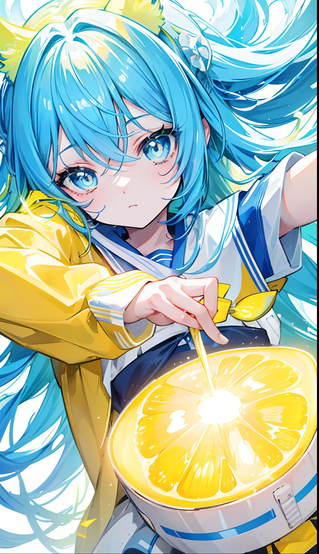 Glowing light bluish yellow with hair and pupils，They are also fluorescent，A school uniform in a glowing blue, yellow, and white color，Very tender and shiny face，It also fluoresces，The whole is shining，It's a sweet li girl