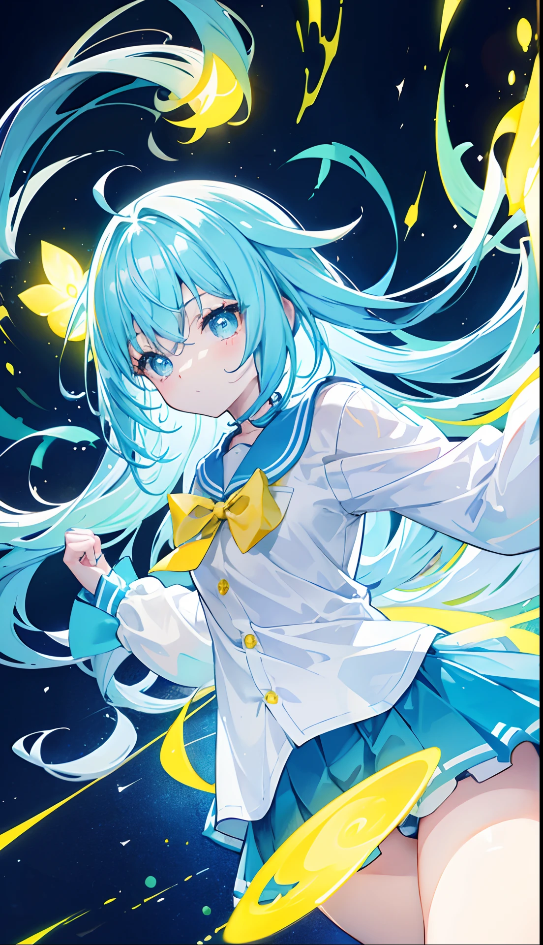 Glowing light bluish yellow with hair and pupils,They are also fluorescent,A school uniform in a glowing blue, yellow, and white color,Very tender and shiny face,It also fluoresces,The whole is shining,It's a sweet girl