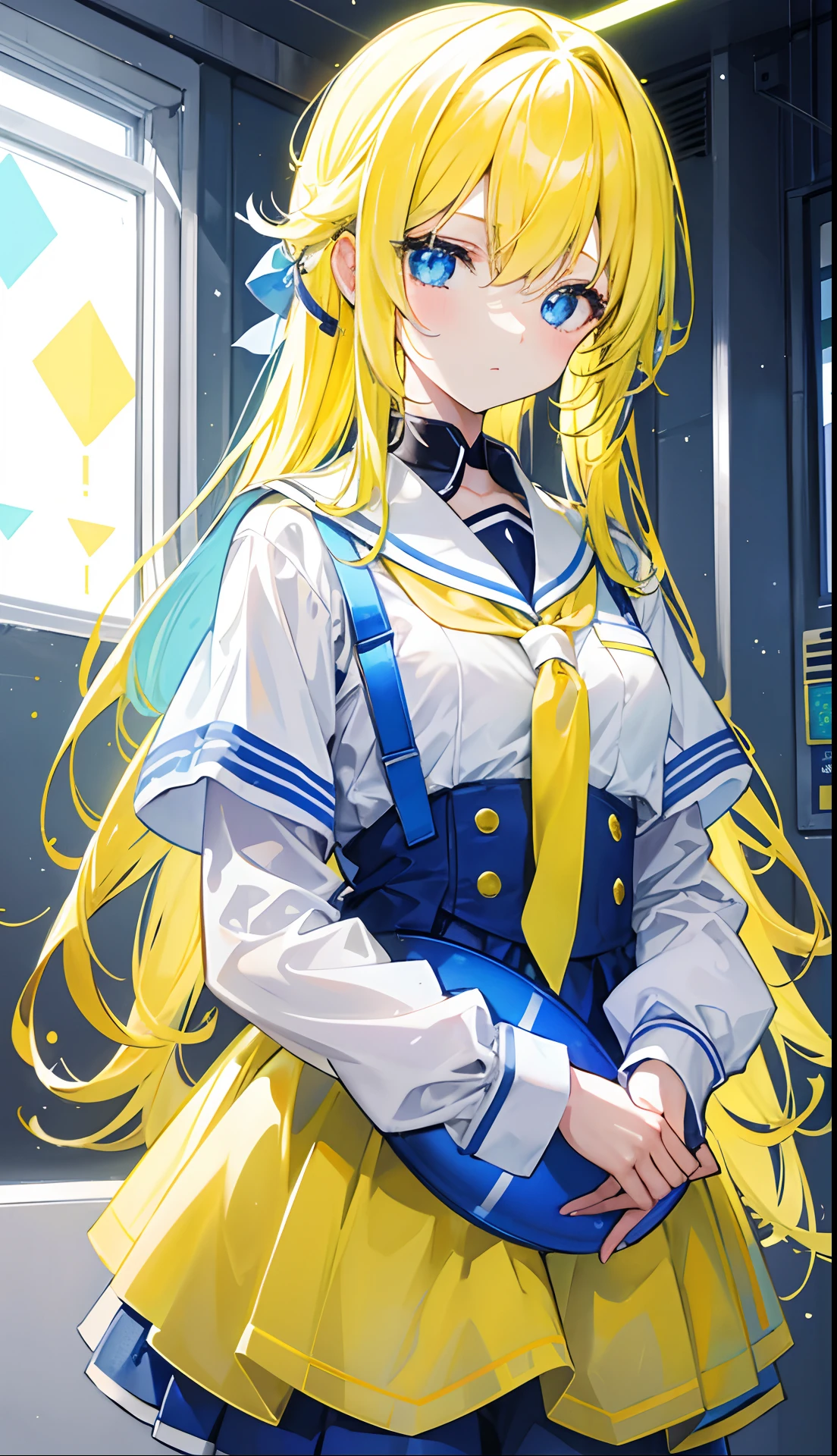Glowing light bluish yellow with hair and pupils,They are also fluorescent,A school uniform in a glowing blue, yellow, and white color,Very tender and shiny face,It also fluoresces,The whole is shining,It's a sweet loli girl