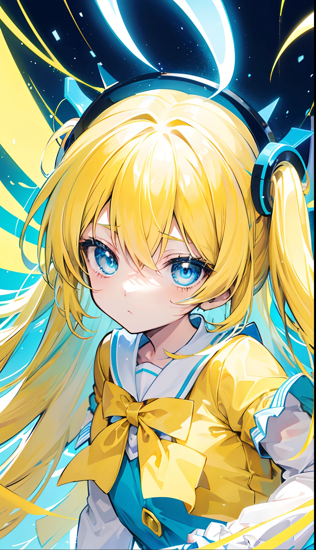 Glowing light bluish yellow with hair and pupils,They are also fluorescent,A school uniform in a glowing blue, yellow, and white color,Very tender and shiny face,It also fluoresces,The whole is shining,It's a sweet loli girl