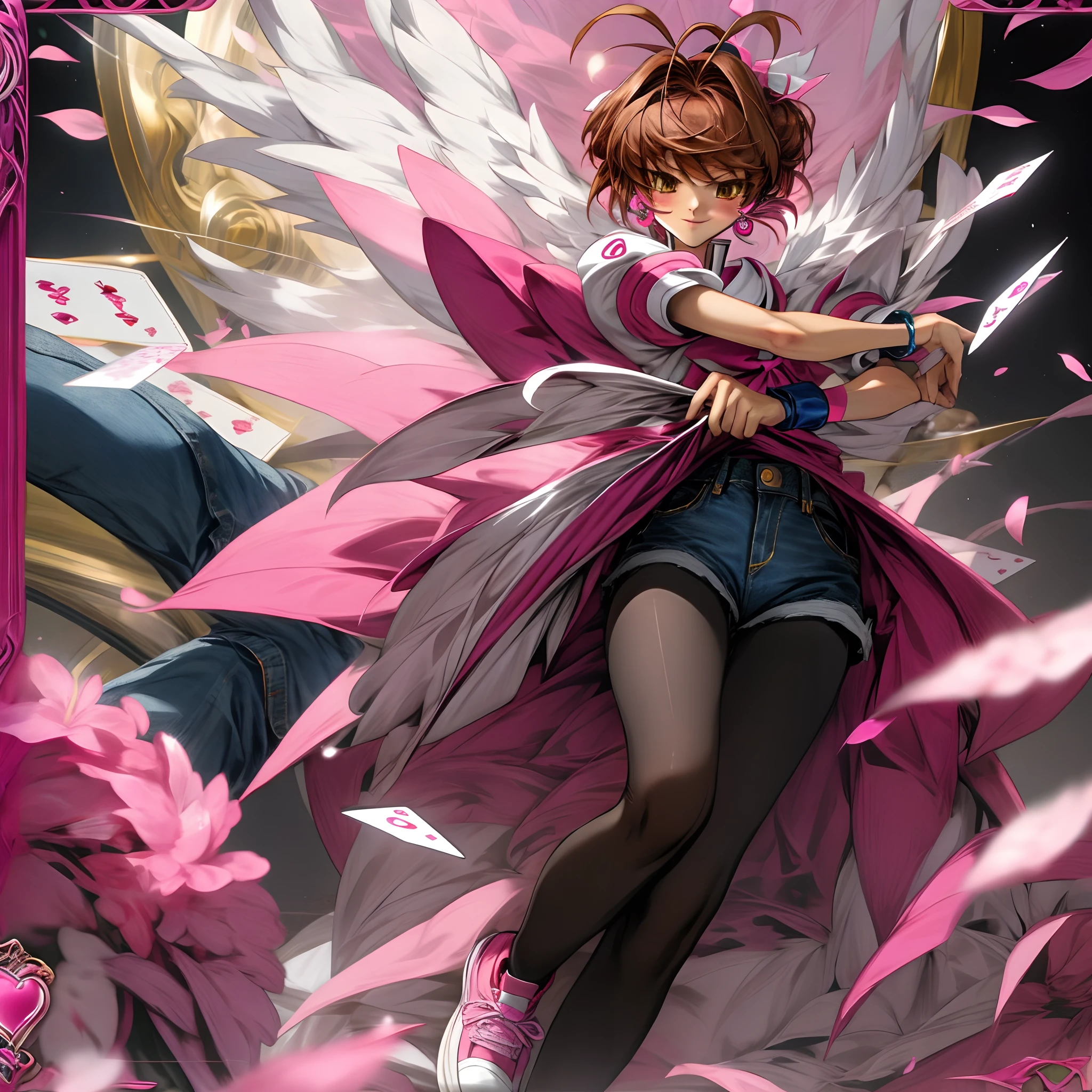 Sakura Card Captors, posing, Denim shorts, black pantyhose, Pink sneakers