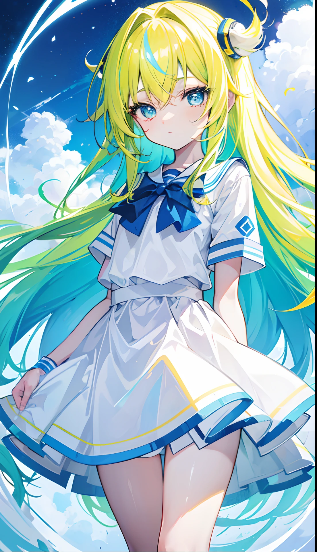 Glowing light bluish yellow with hair and pupils,They are also fluorescent,A school uniform in a glowing blue, yellow, and white color,Very tender and shiny face,It also fluoresces,The whole is shining,It's a sweet loli girl