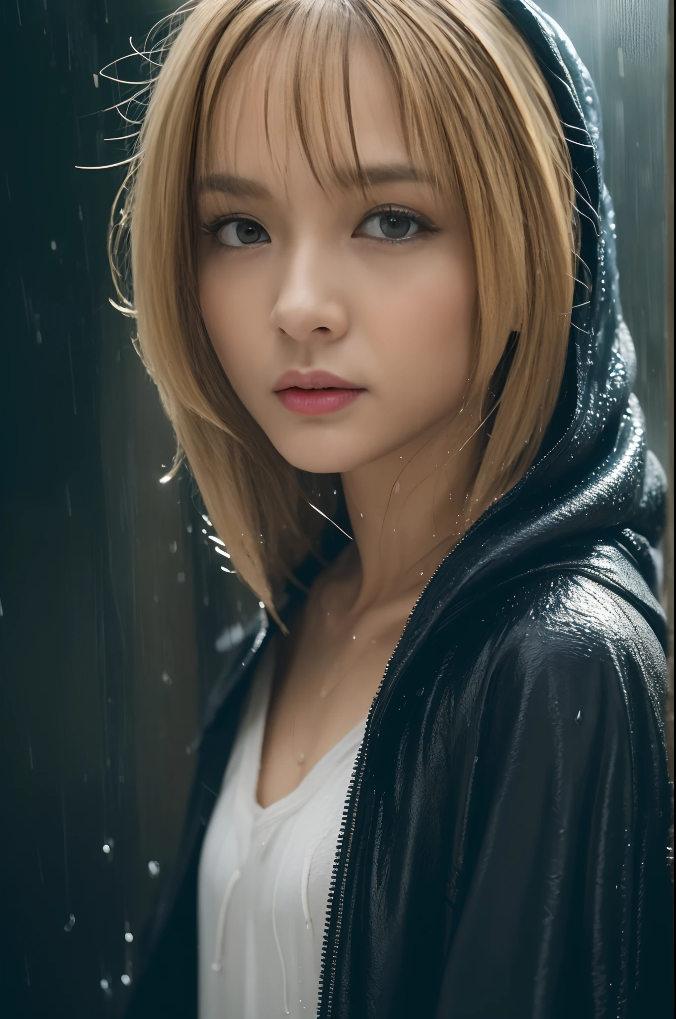 (masutepiece:1.2), ultra-detailliert, 超A high resolution, (Realistic, photographrealistic:1.37), high-definition RAW color photography, professional photograpy, extremely delicate and beautiful, Extremely detailed, finely detail, Huge file size, highly detailed beautiful girl, extra detailed face, extremely detailed eye, highlydetailed skin, highly detailed nose, highly detail mouth, Perfect Anatomy, Highly detailed background, Shiny skin, (a famous actress of Japan:1.2), (gals:1.25), flat chest, (Brown race, Dark skin, a blond:1.55), Very short cut hair, (Hoodie:1.0), Hood Up, (mid-riff peak:1.2), (Heavy rain:1.4), (Wet hair, Wet skin:1.4), water dripping, (Full body:1.3), Cinematic lighting, (Dynamic Pose:1.35), (Shibuya:1.35)