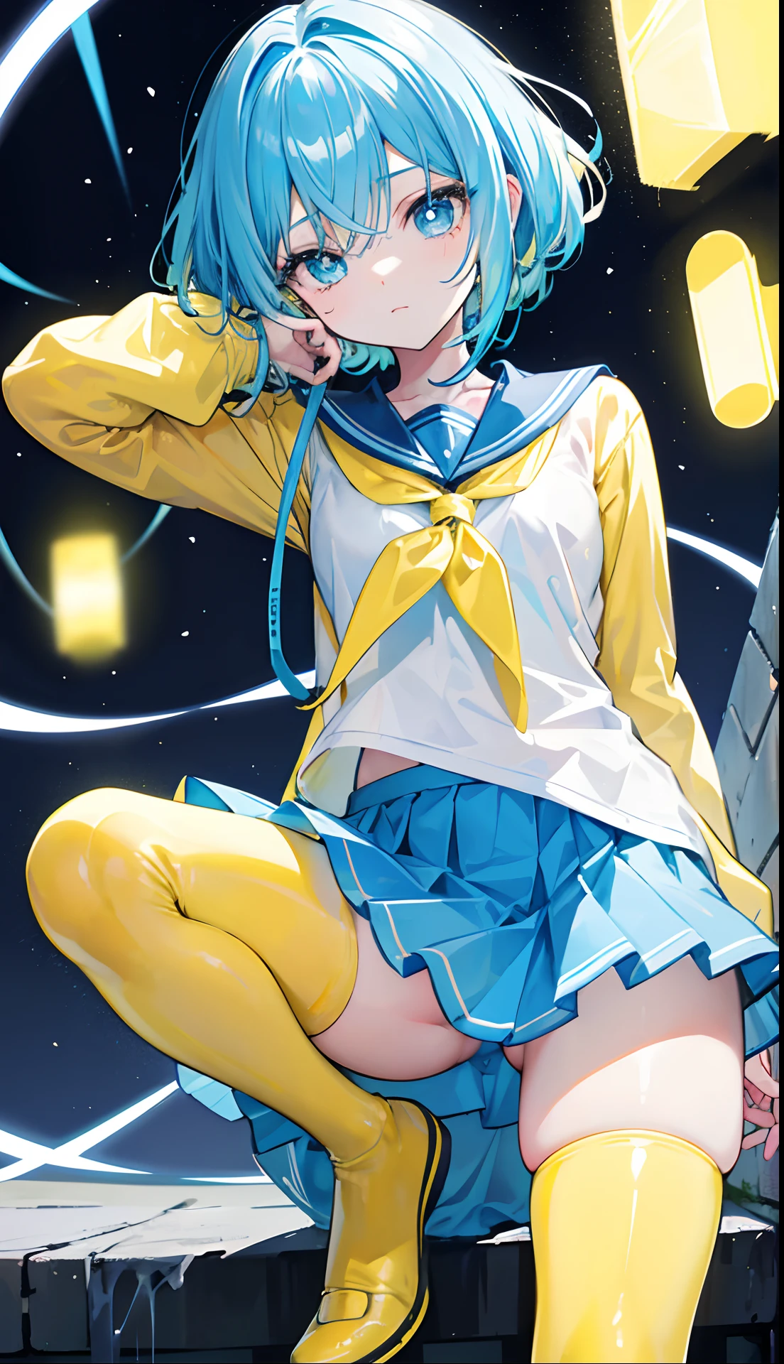 Glowing light bluish yellow with hair and pupils,They are also fluorescent,A school uniform in a glowing blue, yellow, and white color,Very tender and shiny face,It also fluoresces,The whole is shining,It's a sweet girl