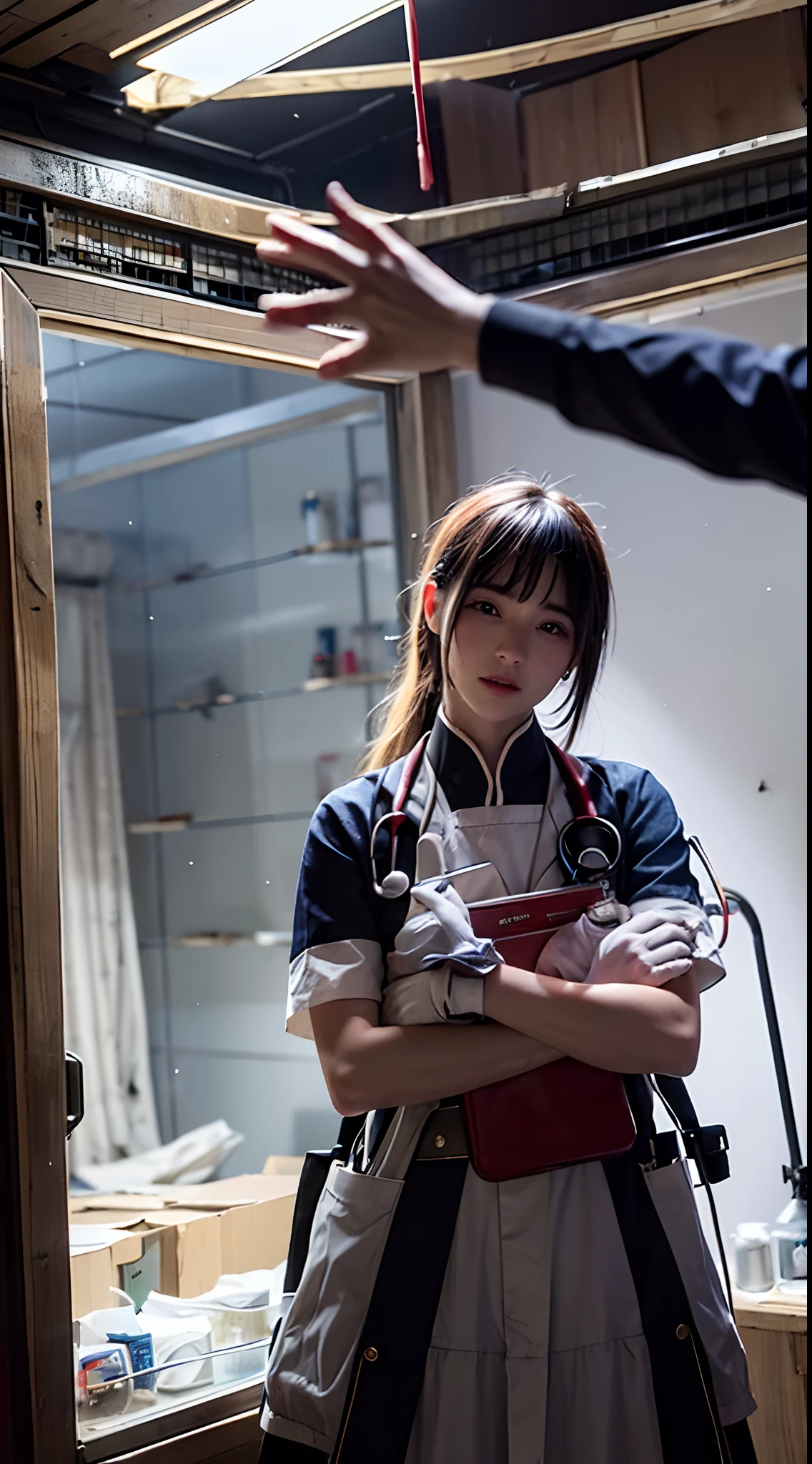 (Ultra-detailed,A high resolution,Masterpiece:1.2),Theater doctor,Blonde man and purple woman hugging,shot wounds,Blood,stethoscope,Medical Bag,Overwhelming emotions,ruined buildings,Smoke,flashing lights,dramatic scene,A hopeful expression,Empathetic eyes,Sympathy,Save lives,Love and care,Emergency rescue,Chaotic atmosphere,Torn clothing,Broken glass,Debris and dust,Heroic efforts,battleground background,Determination,Save lives,Vivid colors,Pain and hope,Surreal lighting,Critical situation,Unwavering strength,Courage and resilience,Despair and determination are intertwined,Precision movement,Healing hands,Bloodstained gloves,Medical expertise,Heroism in chaos,Deep connection,Strong bonding.