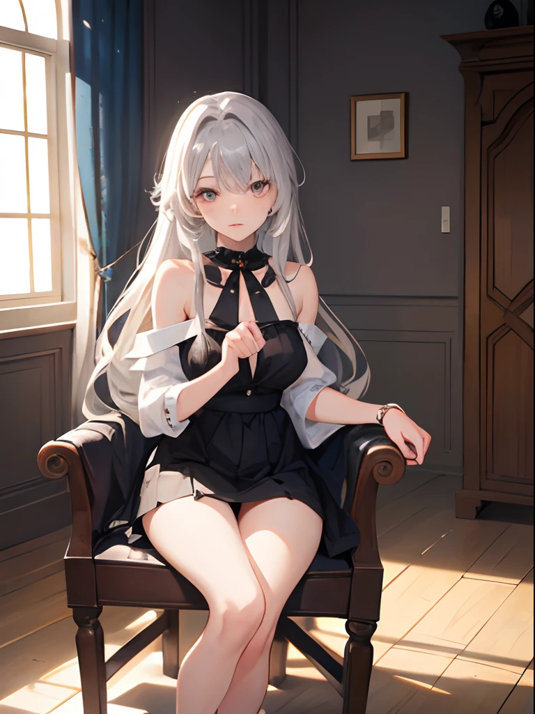 Girl, 18 years old, long silver hair, smooth skin, beautiful, silver eyes, sitting on a chair.