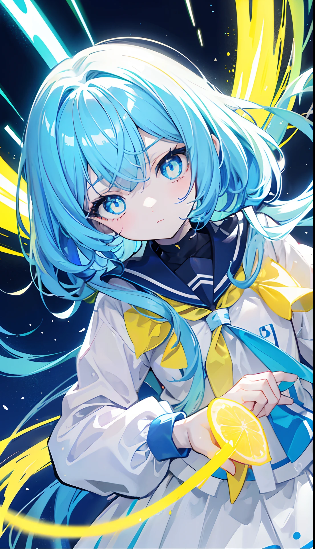 Glowing light bluish yellow with hair and pupils,They are also fluorescent,A school uniform in a glowing blue, yellow, and white color,Very tender and shiny face,It also fluoresces,The whole is shining,It's a sweet li girl