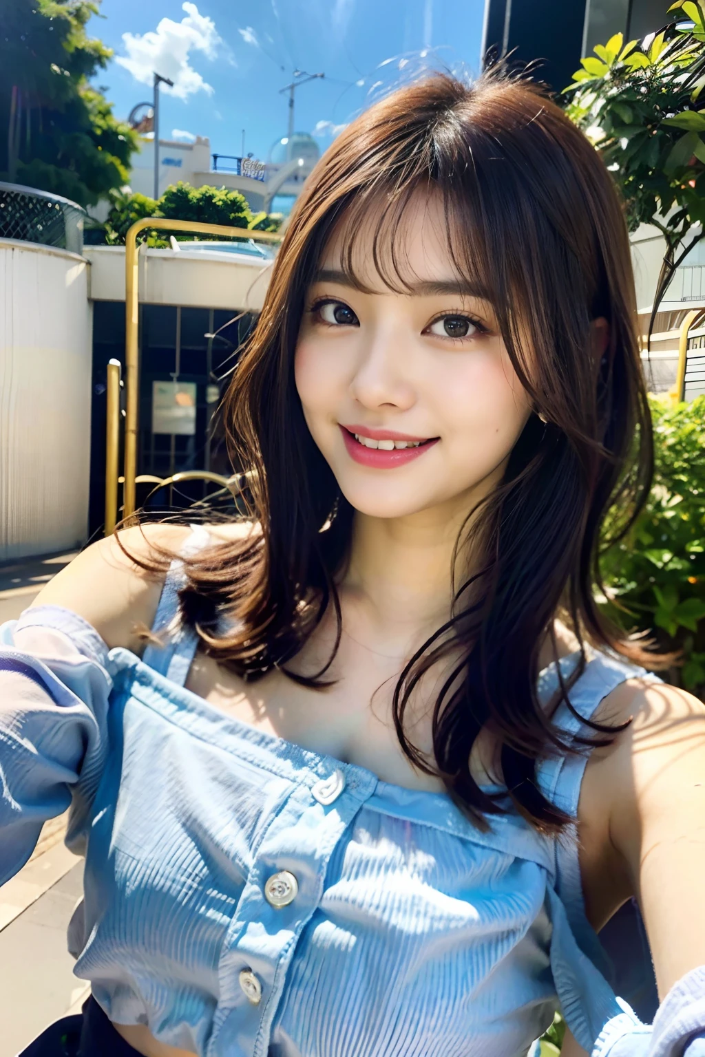 table top, highest quality, shape, Super detailed, finely, High resolution, 8k wallpaper, 完璧なダイナミックな構shape, beautiful and detailed eyes, spring ladies fashion,wavy hair、big breasts、natural color lip, bold sexy pose、the biggest smile when you look at me、the most beautiful white teeth、Harajuku、20 year old girl、cute、sexy shot looking at camera、upper body photo、accurate anatomy