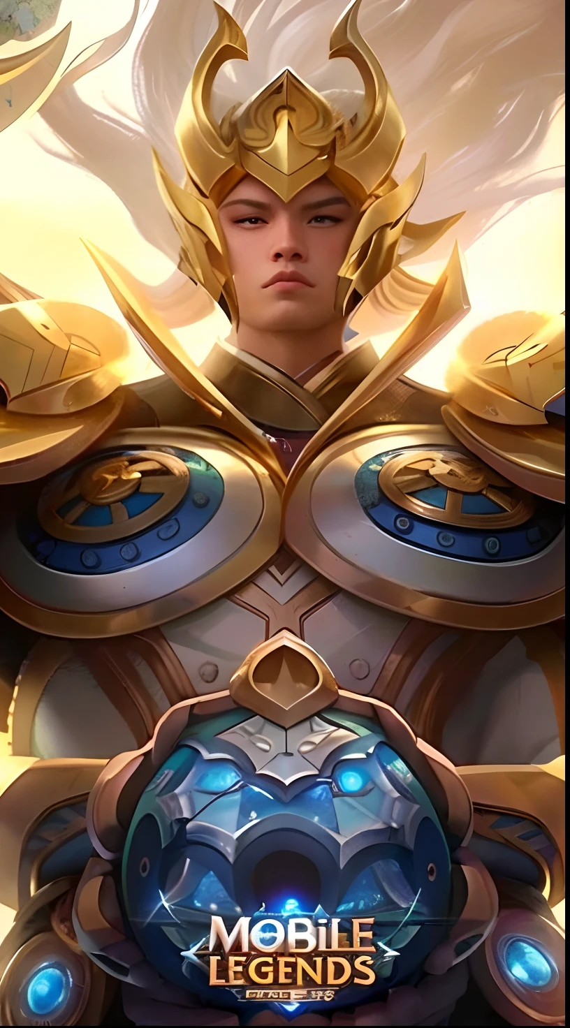 a close up of a person holding a ball in their hands, gold paladin, angelic golden armor, paladin golden armor, orianna, inspired by Huang Shen, dressed in light armor, golden armor, golden armour, sun wukong, holy paladin, paladin, inspired by Yang Jin, wearing golden armor, epic paladin armor, male paladin, long blonde hair