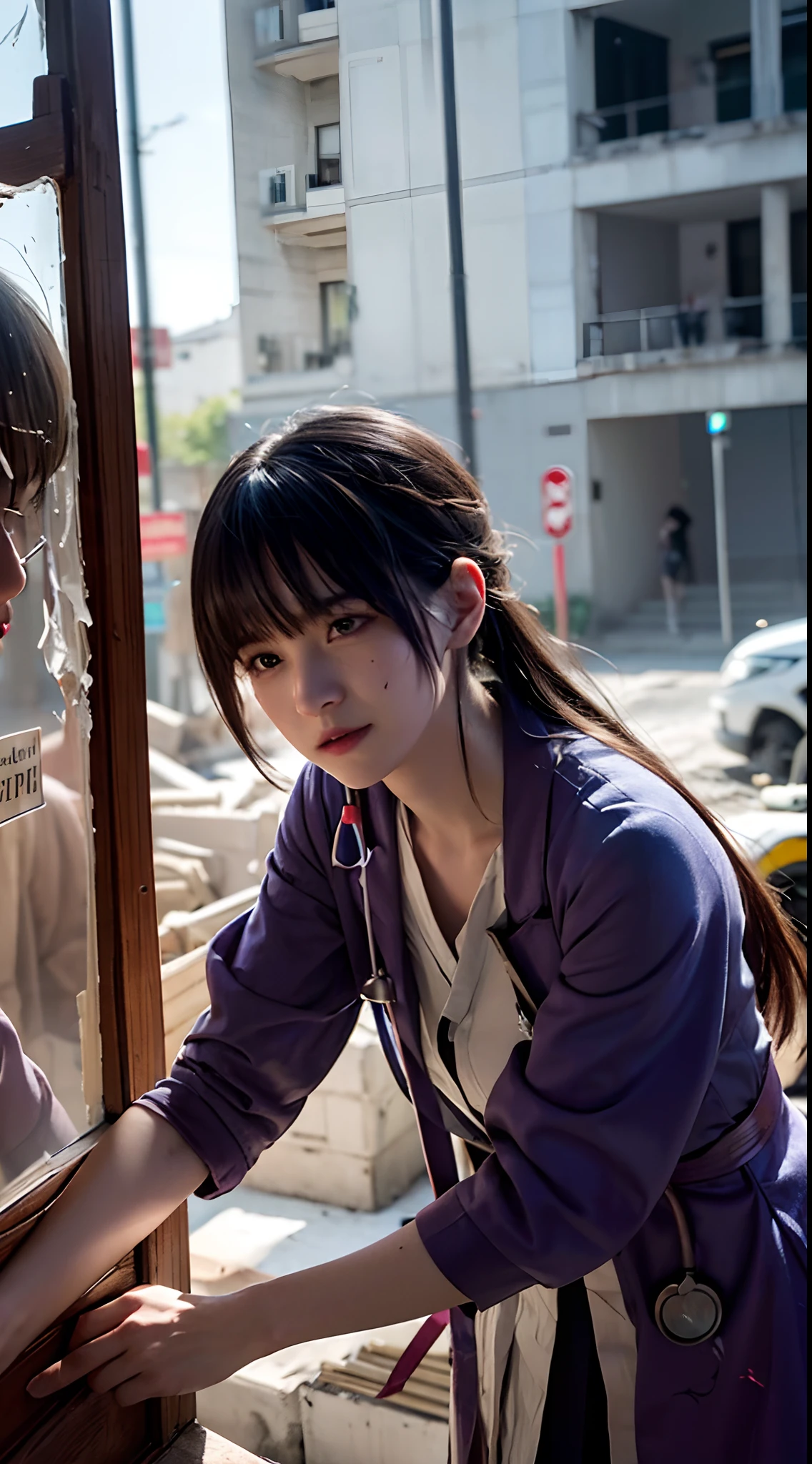 (Ultra-detailed,A high resolution,Masterpiece:1.2),Theater doctor,Blonde man and purple woman hugging,shot wounds,Blood,stethoscope,Medical Bag,Overwhelming emotions,ruined buildings,Smoke,flashing lights,dramatic scene,A hopeful expression,Empathetic eyes,Sympathy,Save lives,Love and care,Emergency rescue,Chaotic atmosphere,Torn clothing,Broken glass,Debris and dust,Heroic efforts,battleground background,Determination,Save lives,Vivid colors,Pain and hope,Surreal lighting,Critical situation,Unwavering strength,Courage and resilience,Despair and determination are intertwined,Precision movement,Healing hands,Bloodstained gloves,Medical expertise,Heroism in chaos,Deep connection,Strong bonding.