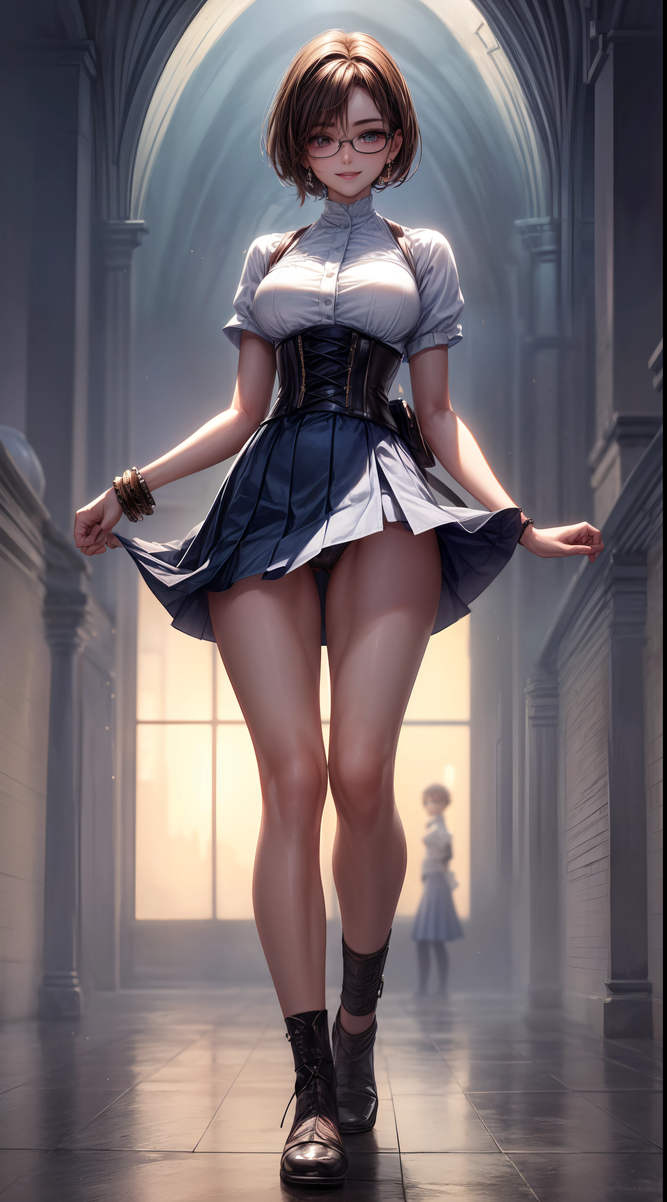 8K, masutepiece, Raw photo, Best Quality, Photorealistic, Highly detailed CG Unity 8k wallpaper, depth of fields, Cinematic Light, Lens Flare, Ray tracing, (Extremely beautiful face, Beautiful lips, Beautiful eyes), intricate detail face, ((Ultra detailed skin)) 1girl in, In the Dark, deepshadow, Pretty Korean girl, Kpop Idol, 1 girl, (Very slim and slender fit muscular body:1.3), ((Looking at Viewer)),(Big smile:1.3), (Blurred background),(No people in the background:1.3), Beautiful earrings, Bracelets, Clear eyes, Walking, (pale skin), (Big eyes), Face forward, (Brown hairs), (Full body shot), , ((blue high waist skirt)), , (Looking at Viewer:1.3) opened breast, Very slim, medium breasts, ass forcus, Before the eyebrows, thick thighs((whiteshirt:1.3)), (double-breasted,Underbust:1.2), Short sleeves, buttonGap,Frameless glasses,Corset Belt,Beautiful short hair,Brown hair,see through shirts,