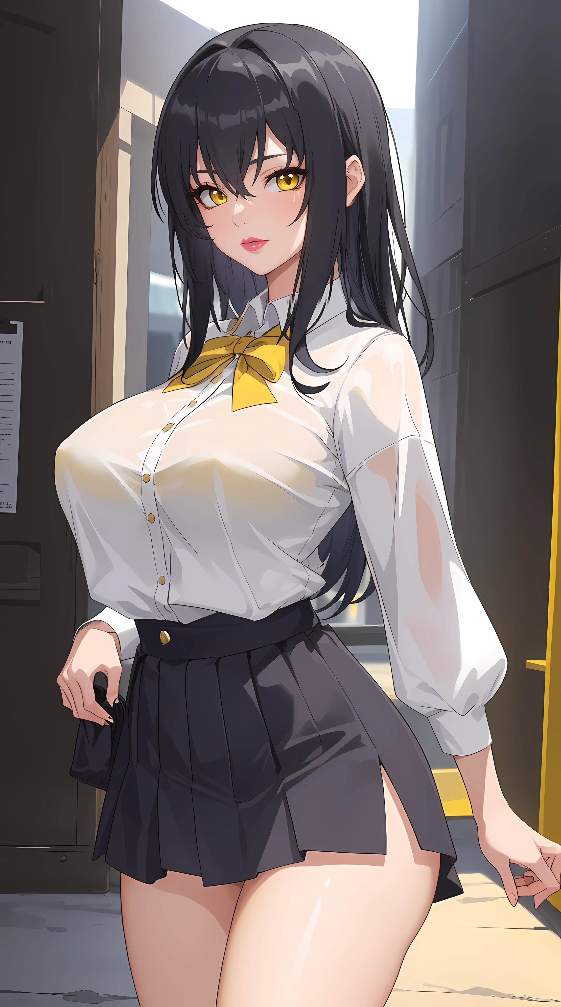 (masterpiece:1.4),(best quality:1.4), soft lighting, cinematic bloom, beautiful face, beautiful eyes, cowboy shot,
1girl, solo, female mature, black hair, long hair, (yellow eyes:1.4), large breasts, summer school outfit, highschool, hair intakes, exquisite eyes detail, exquisite character design unity details 8k hdr, professional art, landscape, (solo:1.5, 1girl:1.4, cowboy shot:1.5), sexy body, milf, 35 years old girl, big thighs, sexy waist, cheerful,