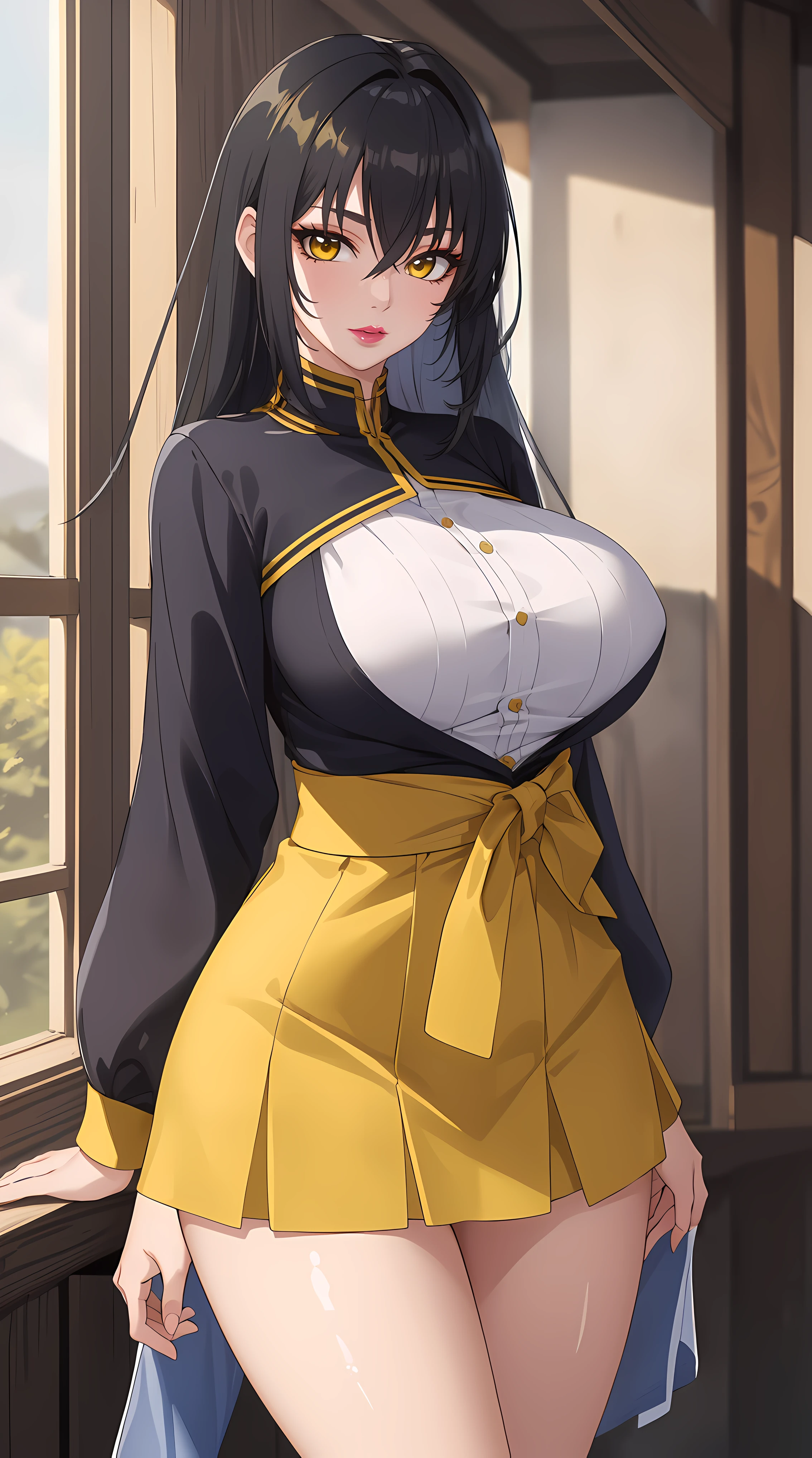 (masterpiece:1.4),(best quality:1.4), soft lighting, cinematic bloom, beautiful face, beautiful eyes, cowboy shot,
1girl, solo, female mature, black hair, long hair, (yellow eyes:1.4), large breasts, summer school outfit, highschool, hair intakes, exquisite eyes detail, exquisite character design unity details 8k hdr, professional art, landscape, (solo:1.5, 1girl:1.4, cowboy shot:1.5), sexy body, milf, 35 years old girl, big thighs, sexy waist, cheerful,