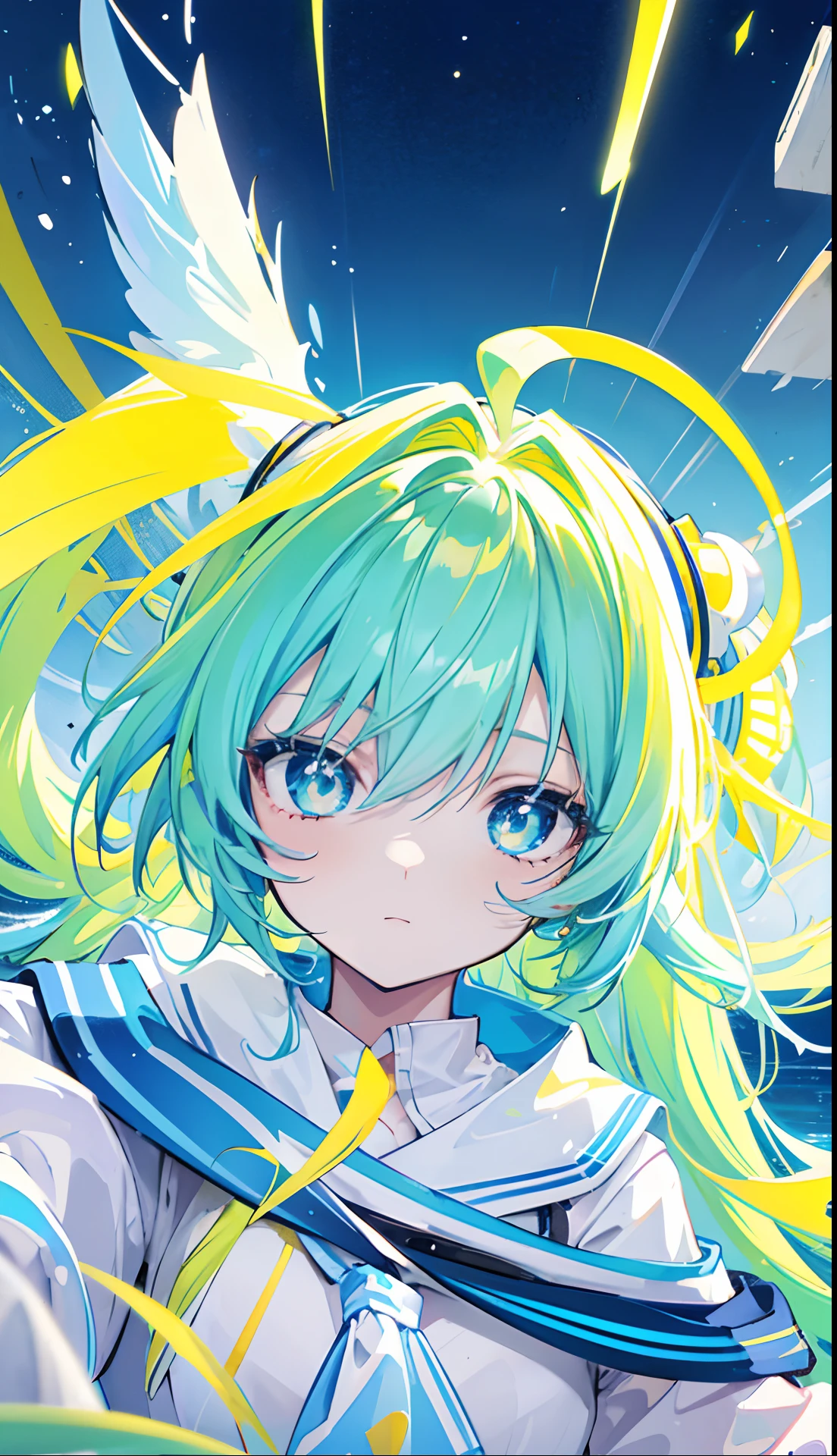 Glowing light bluish yellow with hair and pupils，They are also fluorescent，A school uniform in a glowing blue, yellow, and white color，Very tender and shiny face，It also fluoresces，The whole is shining，It's a sweet loli girl