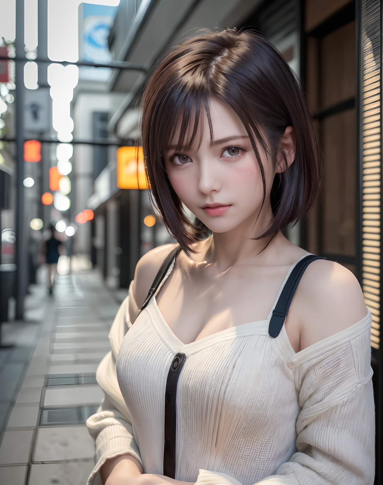 (​masterpiece: 1.3), (8K, Photorealista, Photo RAW, top-quality: 1.4), Esbian, Walking the streets of Tokyo,  (1girl in), gorgeous faces, (Lifelike face), (A dark-haired, short-haired: 1.3), Gorgeous hairstyle, realisticeyes, beautiful finely detailed eyes, (Peter Lilith...