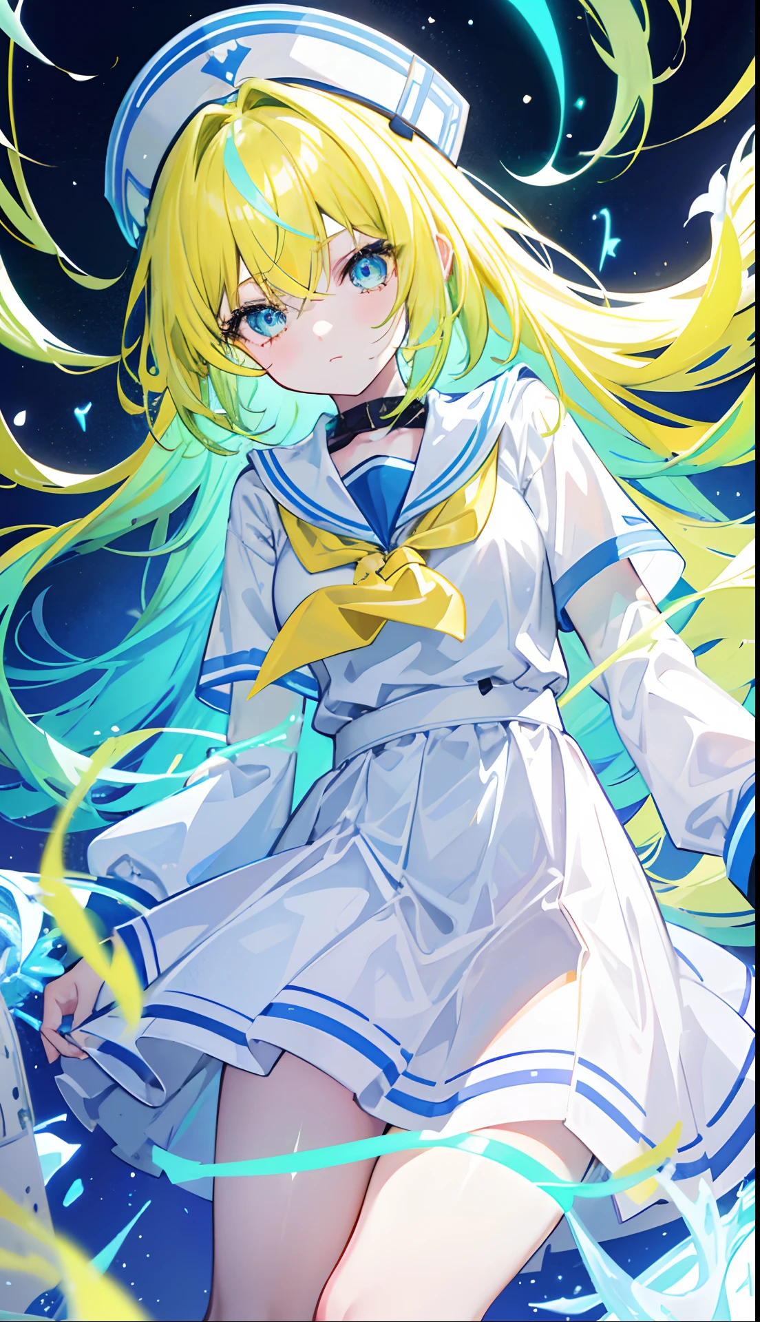 Glowing light bluish yellow with hair and pupils,They are also fluorescent,A school uniform in a glowing blue, yellow, and white color,Very tender and shiny face,It also fluoresces,The whole is shining,It's a sweet loli girl